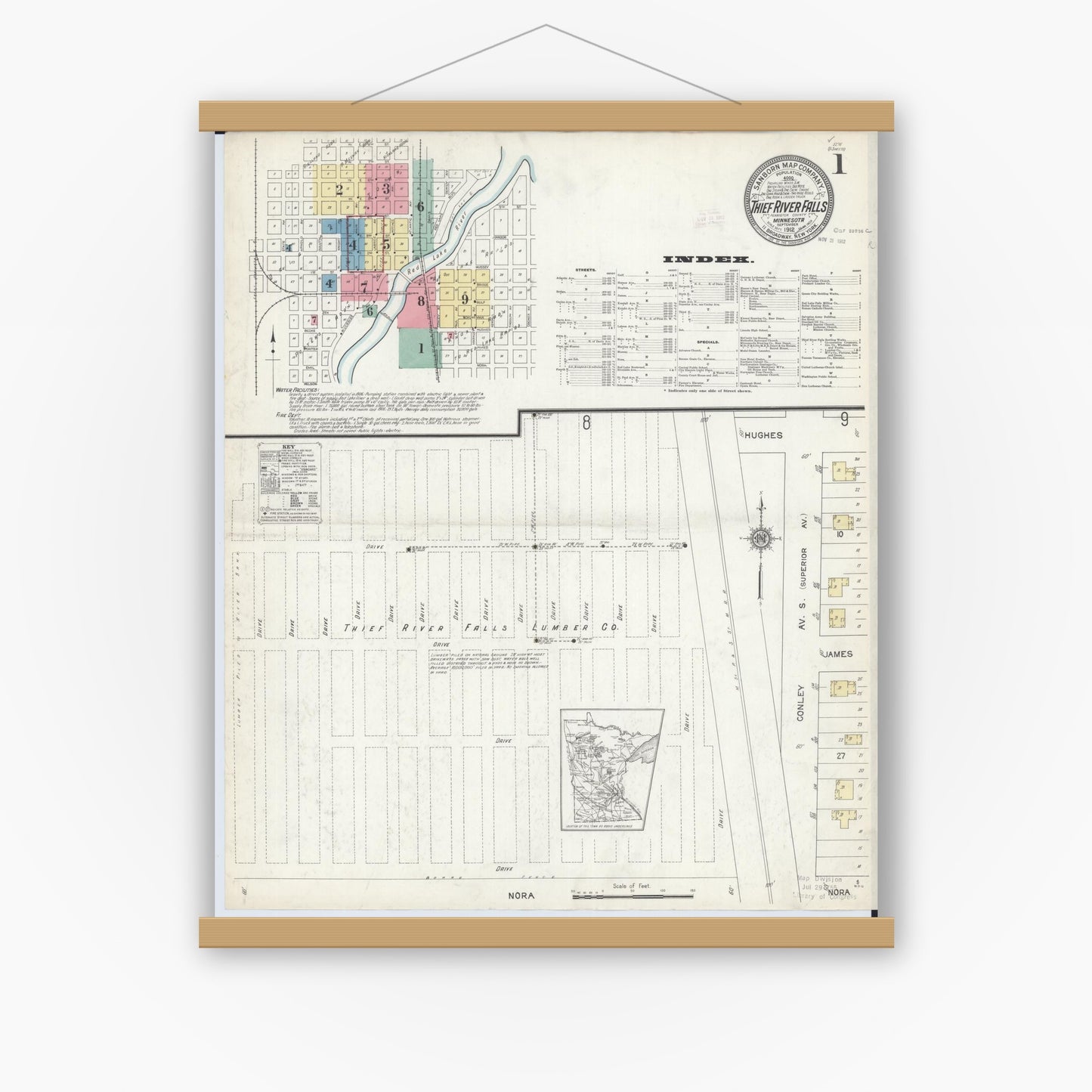 Old map wall art mockup — magnetic wood frame on white wall — Sanborn Fire Insurance Map from Thief River Falls, Pennington County, Minnesota (1912) - Complete Map Set