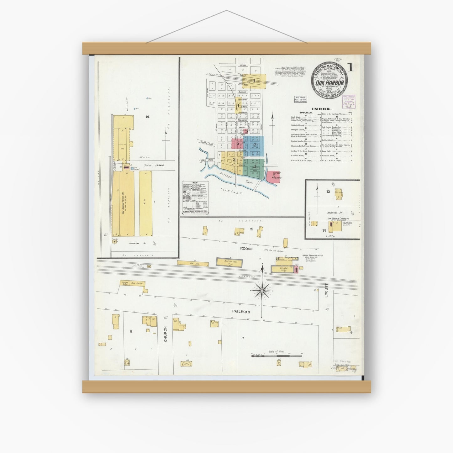 Old map wall art mockup — magnetic wood frame on white wall — Sanborn Fire Insurance Map from Oak Harbor, Ottawa County, Ohio (1904), Sheet #0001