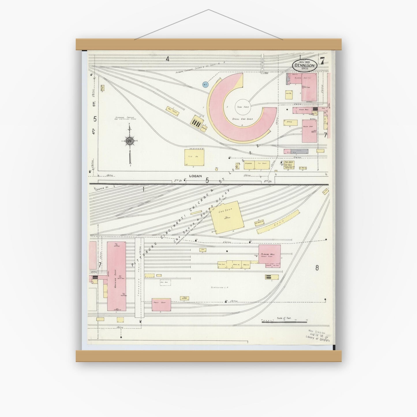 Old map wall art mockup — magnetic wood frame on white wall — Sanborn Fire Insurance Map from Dennison, Tuscarawas County, Ohio (1909), Sheet #0007