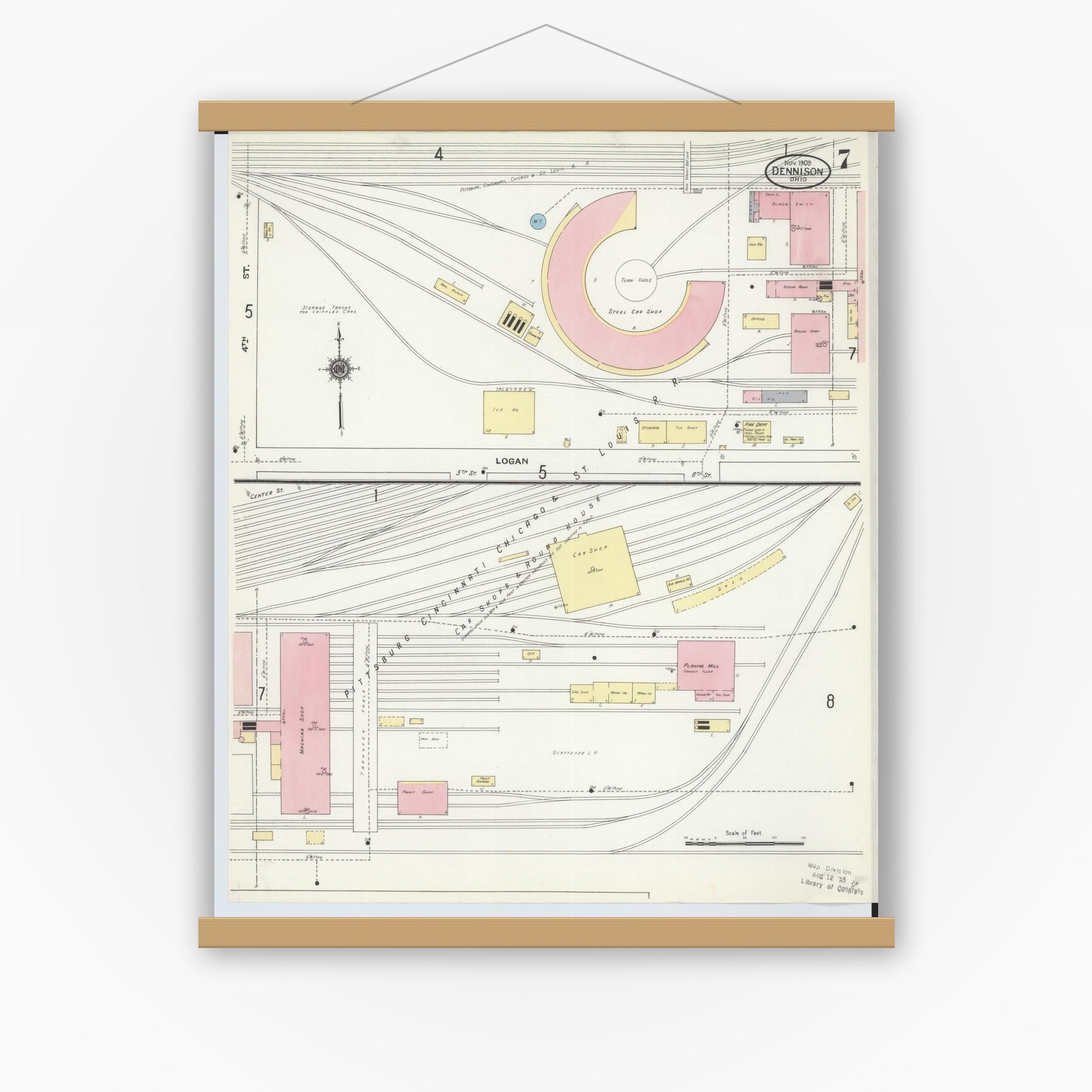 Old map wall art mockup — magnetic wood frame on white wall — Sanborn Fire Insurance Map from Dennison, Tuscarawas County, Ohio (1909), Sheet #0007
