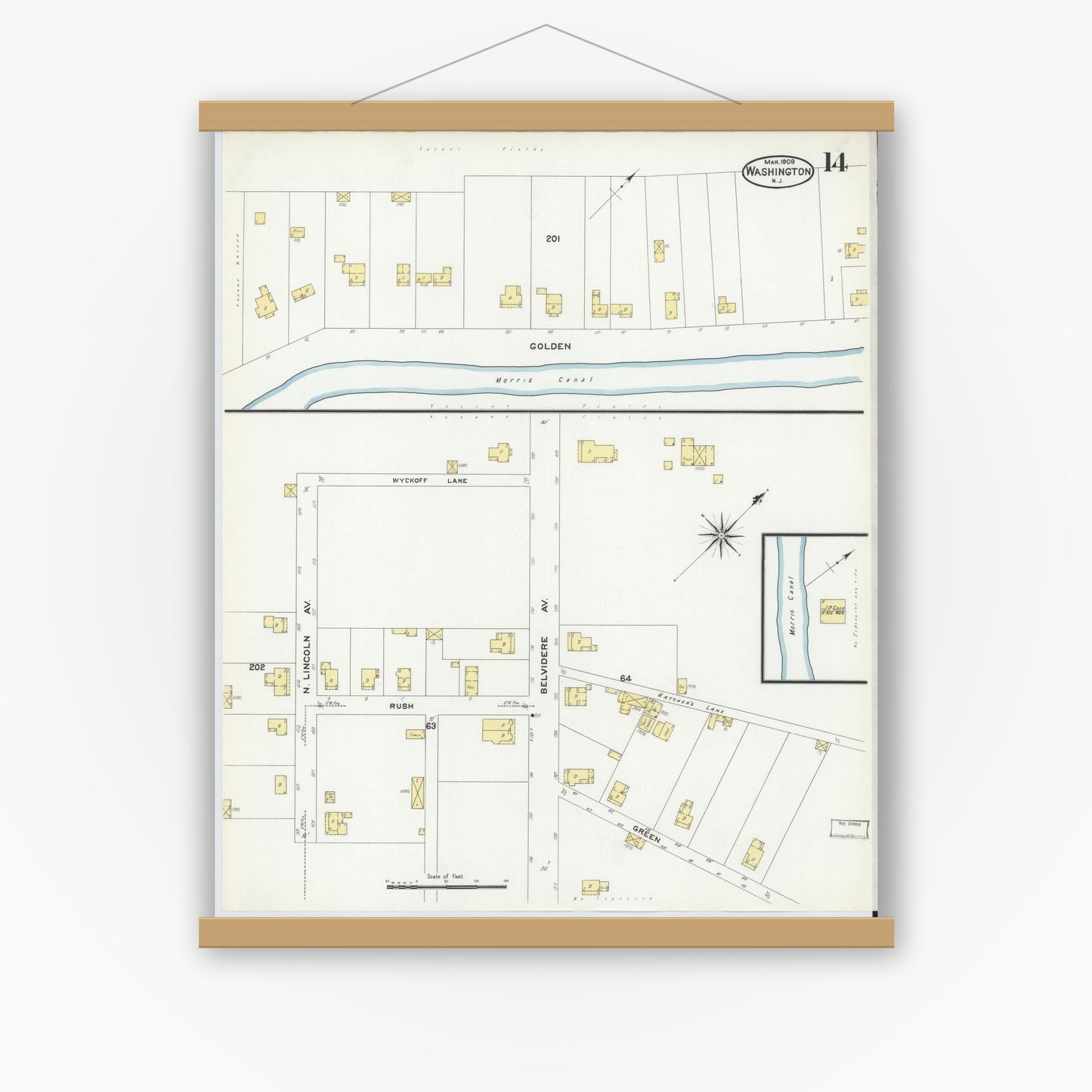 Old map wall art mockup — magnetic wood frame on white wall — Sanborn Fire Insurance Map from Washington, Warren County, New Jersey (1909), Sheet #0014