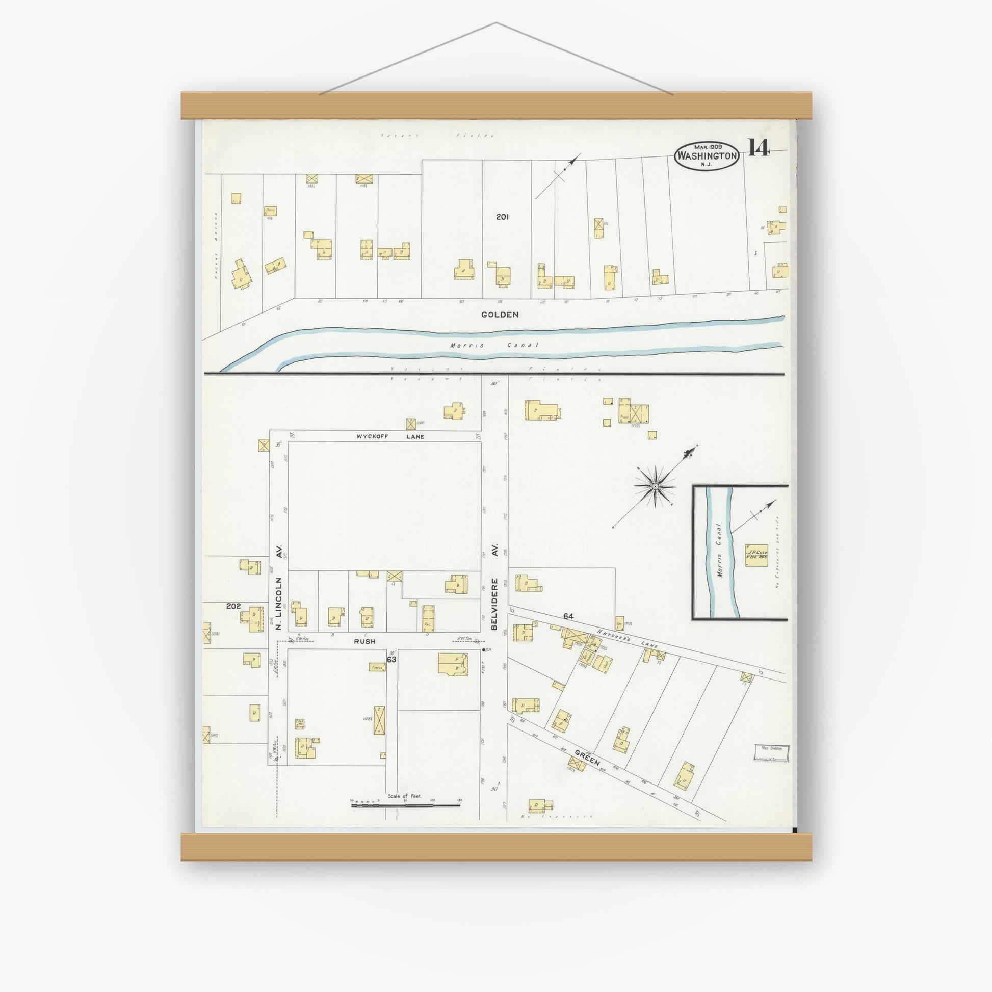 Old map wall art mockup — magnetic wood frame on white wall — Sanborn Fire Insurance Map from Washington, Warren County, New Jersey (1909), Sheet #0014