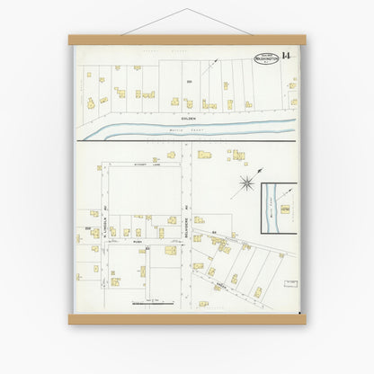 Old map wall art mockup — magnetic wood frame on white wall — Sanborn Fire Insurance Map from Washington, Warren County, New Jersey (1909), Sheet #0014