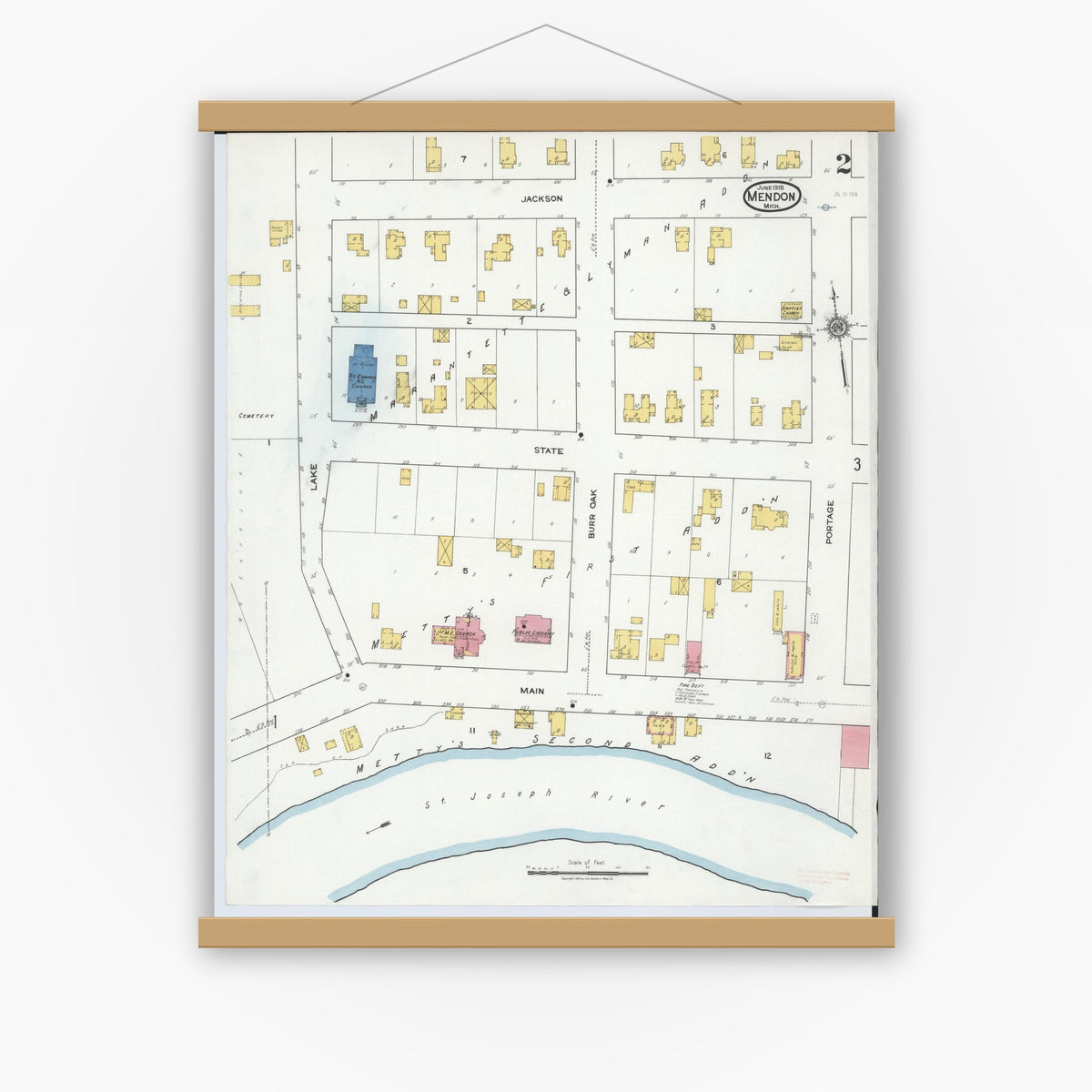 Old map wall art mockup — magnetic wood frame on white wall — Sanborn Fire Insurance Map from Mendon, Saint Joseph County, Michigan (1918), Sheet #0002
