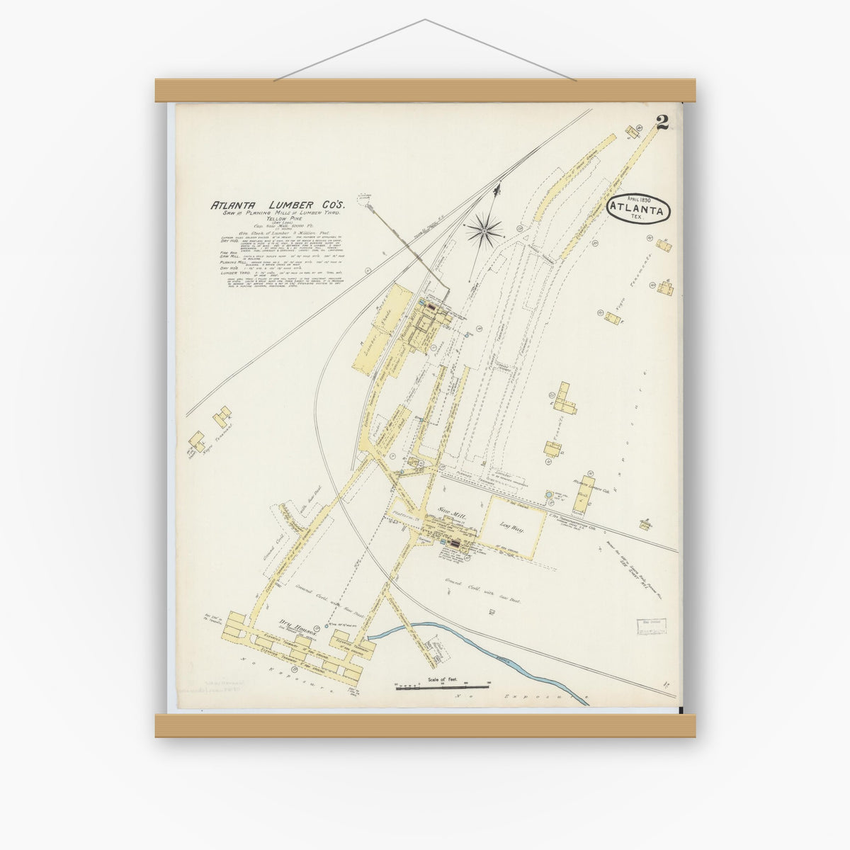 Old map wall art mockup — magnetic wood frame on white wall — Sanborn Fire Insurance Map from Atlanta, Cass County, Texas (1890), Sheet #0002
