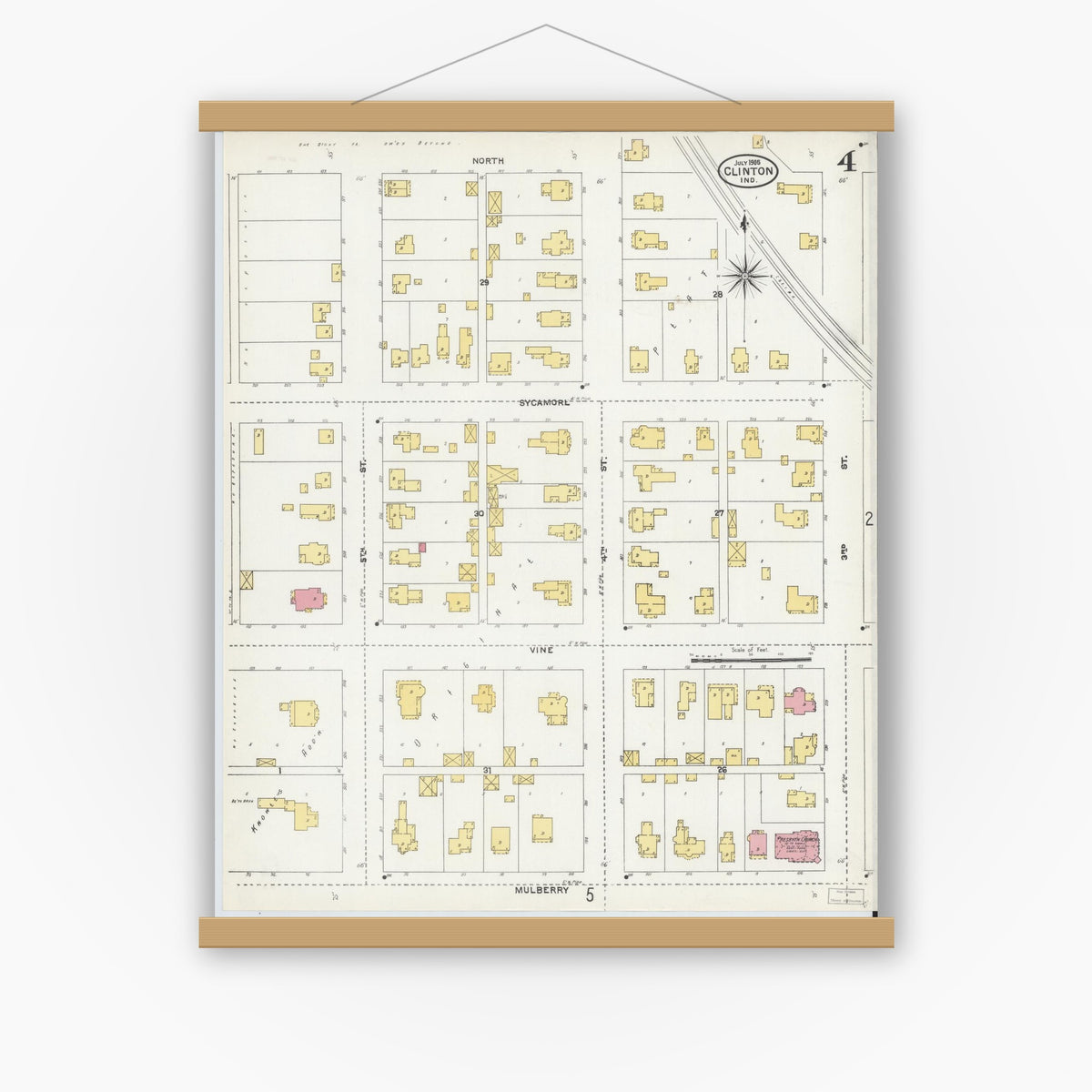 Old map wall art mockup — magnetic wood frame on white wall — Sanborn Fire Insurance Map from Clinton, Vermillion County, Indiana (1905), Sheet #0004