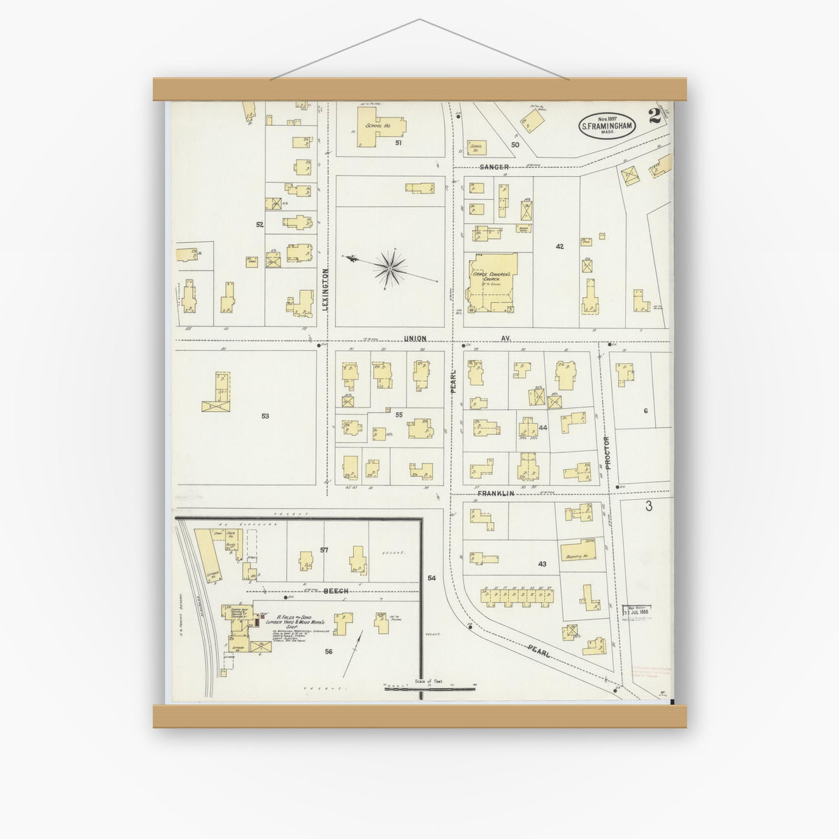 Old map wall art mockup — magnetic wood frame on white wall — Sanborn Fire Insurance Map from South Farmington, Middlesex County, Massachusetts (1897), Sheet #0002