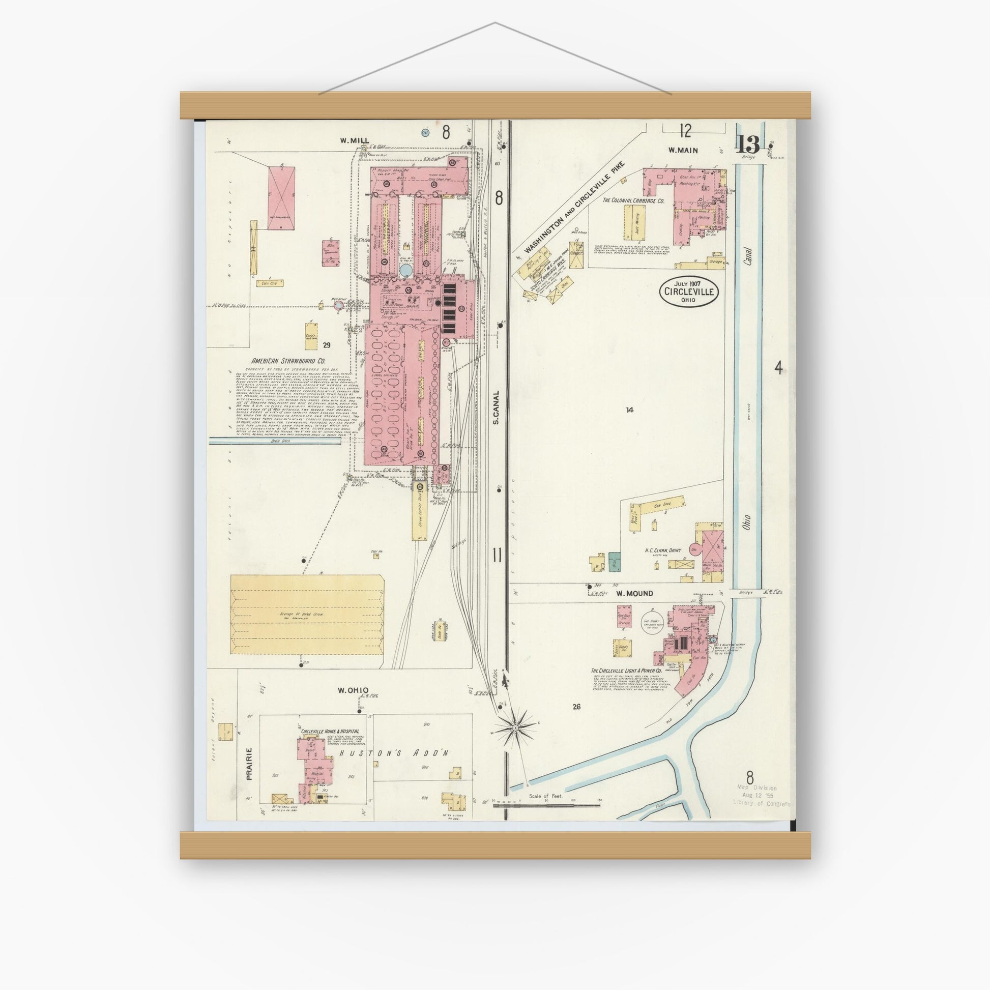 Old map wall art mockup — magnetic wood frame on white wall — Sanborn Fire Insurance Map from Circleville, Pickaway County, Ohio (1907), Sheet #0013