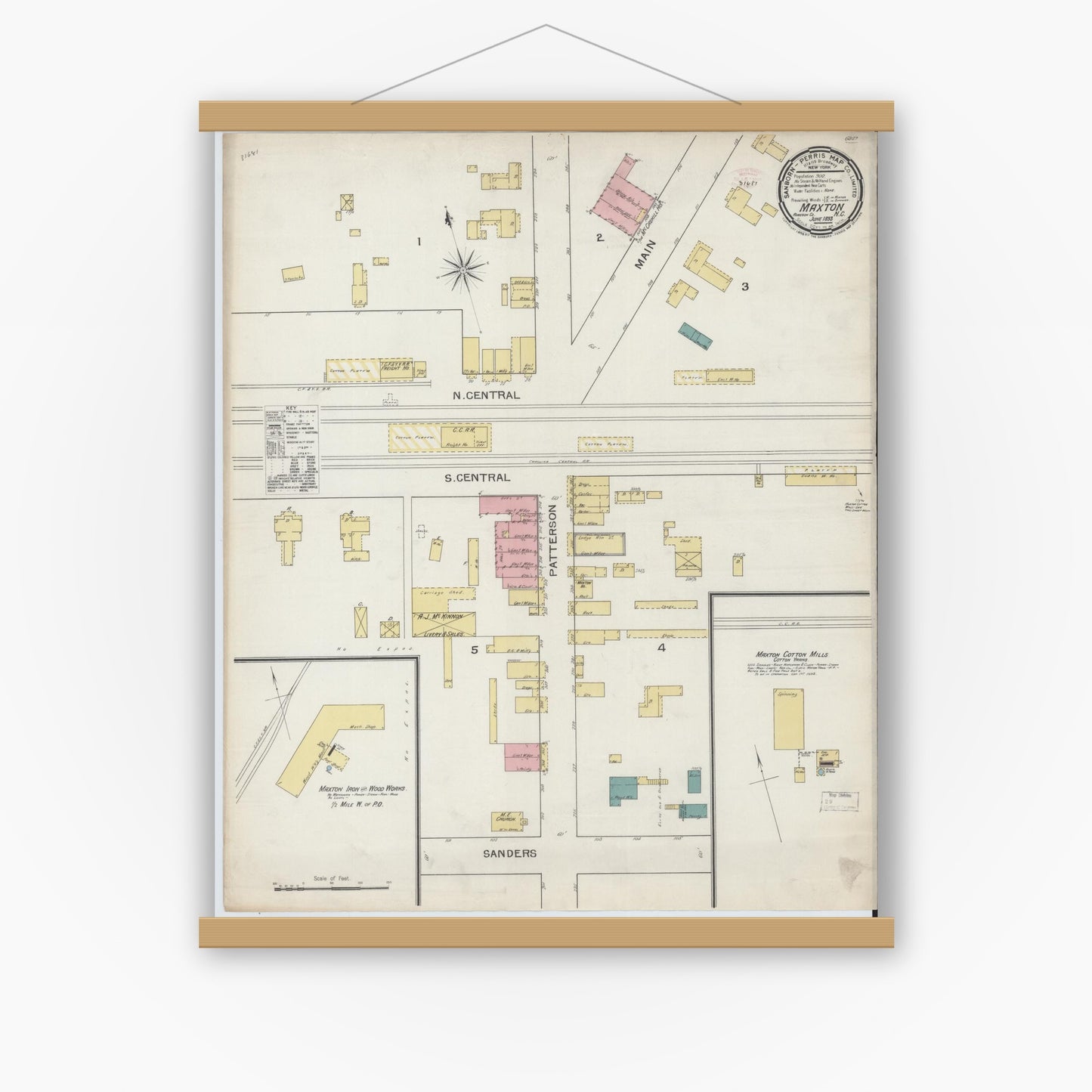 Old map wall art mockup — magnetic wood frame on white wall — Sanborn Fire Insurance Map from Maxton, Robeson County, North Carolina (1893), Sheet #0001