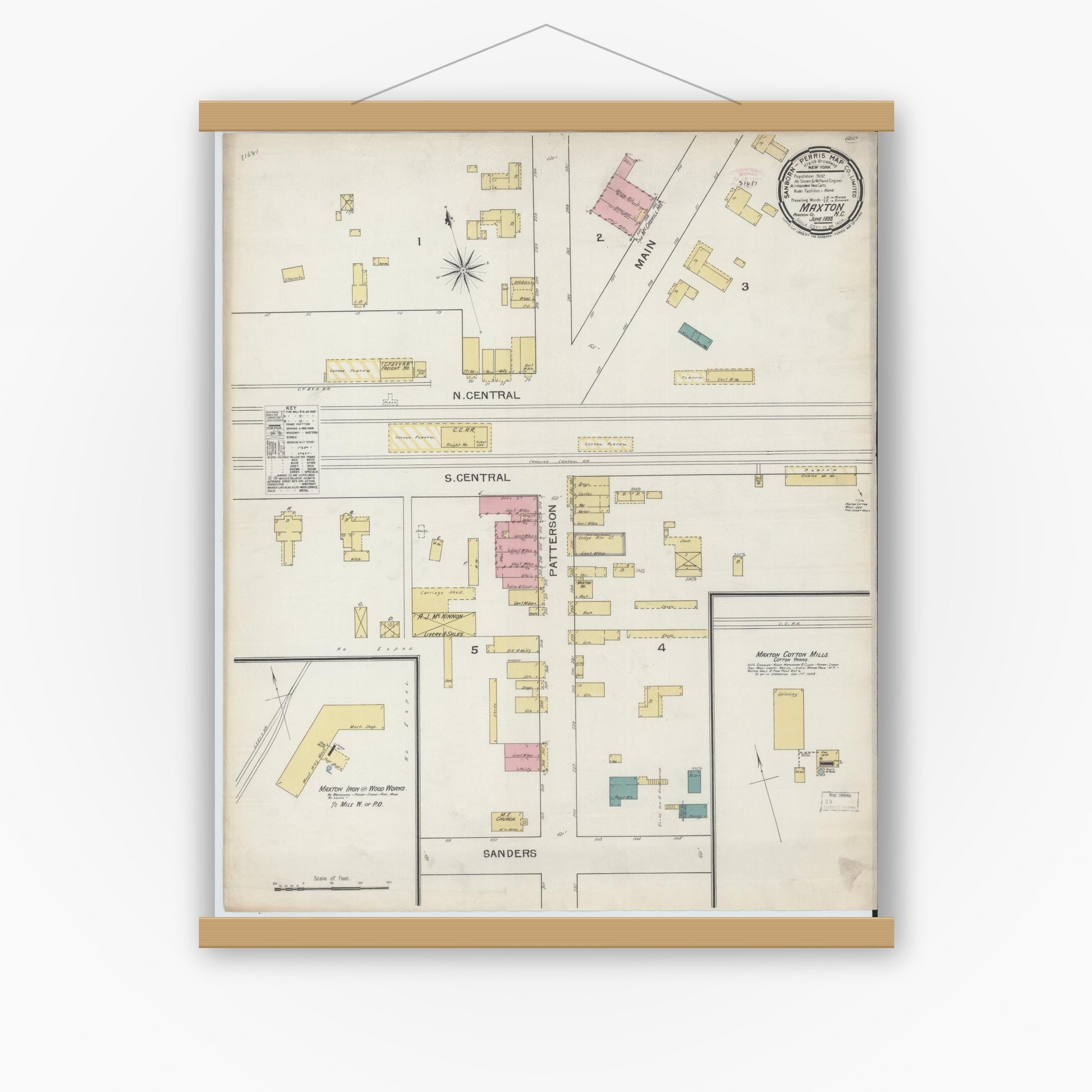 Old map wall art mockup — magnetic wood frame on white wall — Sanborn Fire Insurance Map from Maxton, Robeson County, North Carolina (1893), Sheet #0001