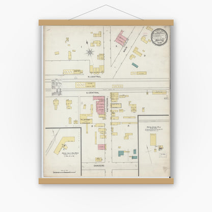 Old map wall art mockup — magnetic wood frame on white wall — Sanborn Fire Insurance Map from Maxton, Robeson County, North Carolina (1893), Sheet #0001