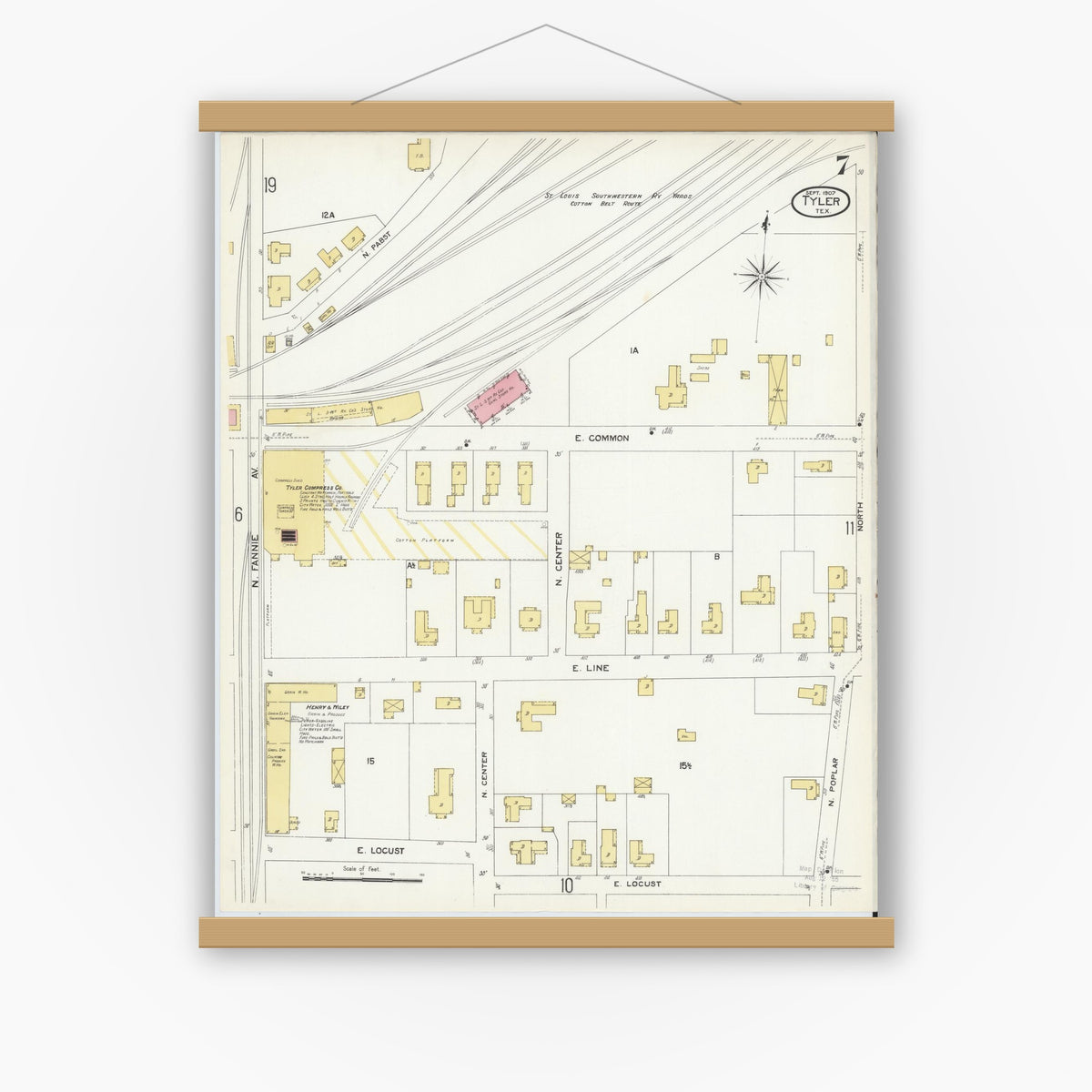 Old map wall art mockup — magnetic wood frame on white wall — Sanborn Fire Insurance Map from Tyler, Smith County, Texas (1907), Sheet #0007