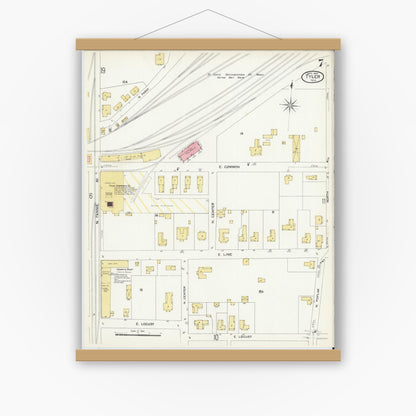 Old map wall art mockup — magnetic wood frame on white wall — Sanborn Fire Insurance Map from Tyler, Smith County, Texas (1907), Sheet #0007