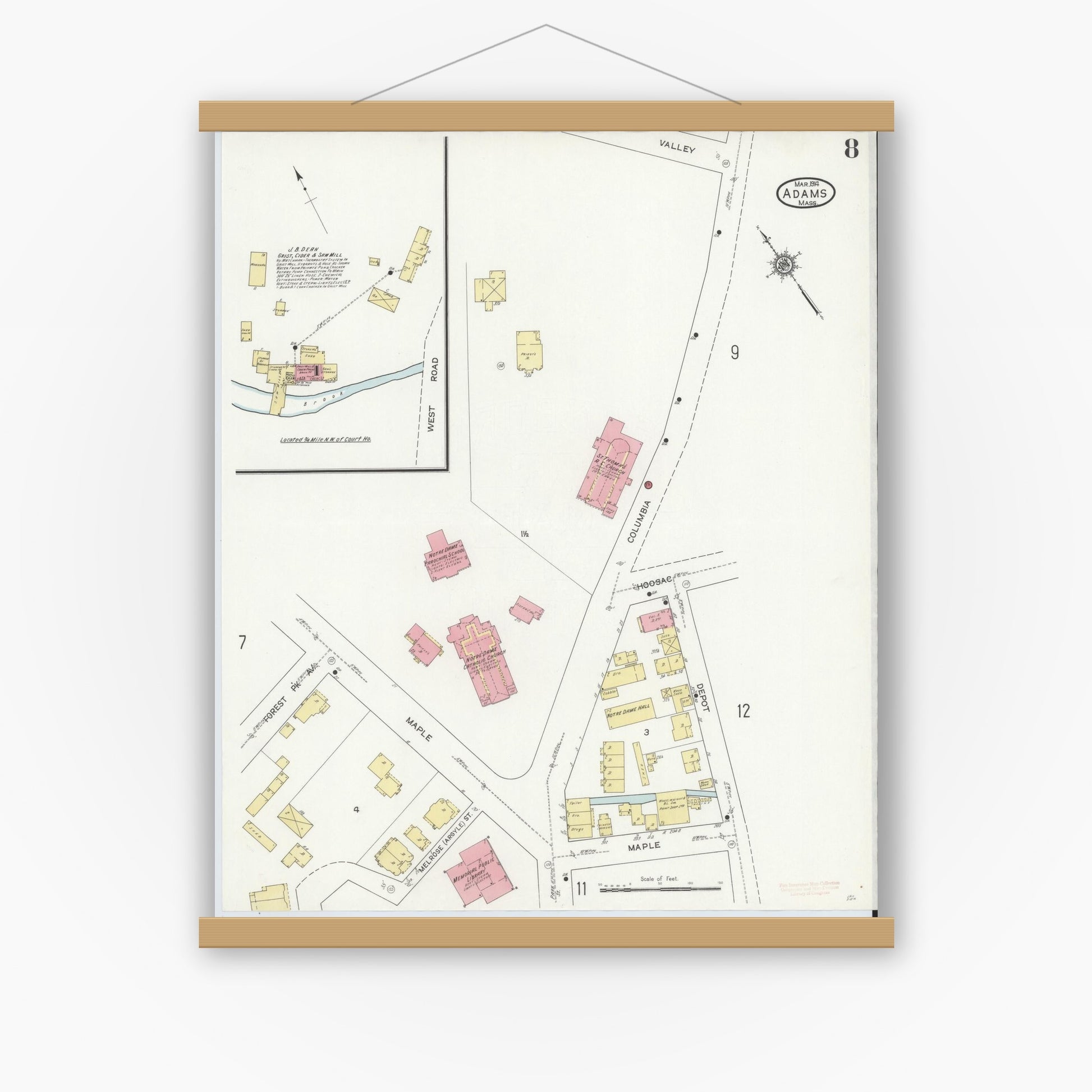 Old map wall art mockup — magnetic wood frame on white wall — Sanborn Fire Insurance Map from Adams, Berkshire County, Massachusetts (1914), Sheet #0008