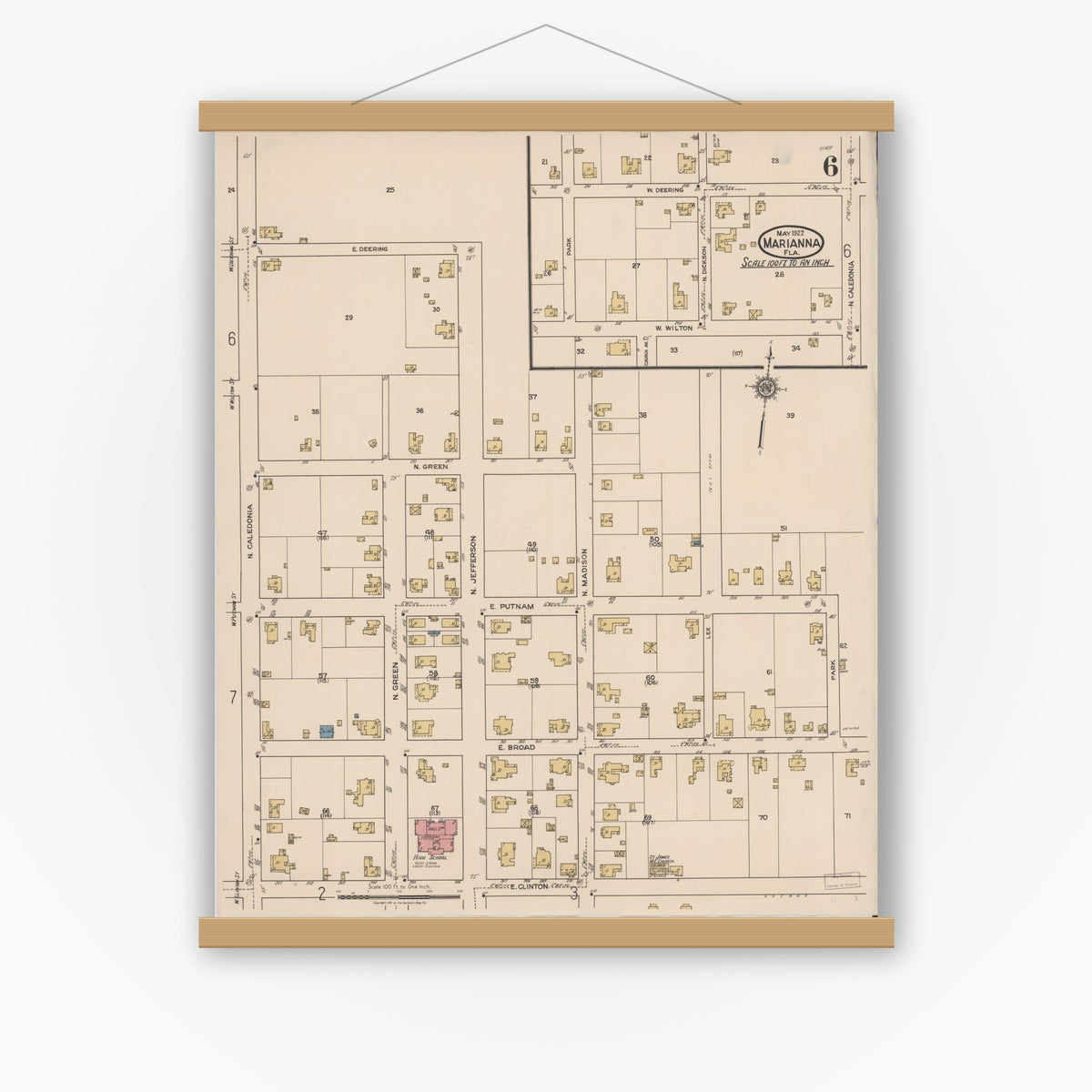 Old map wall art mockup — magnetic wood frame on white wall — Sanborn Fire Insurance Map from Marianna, Jackson County, Florida (1922), Sheet #0006