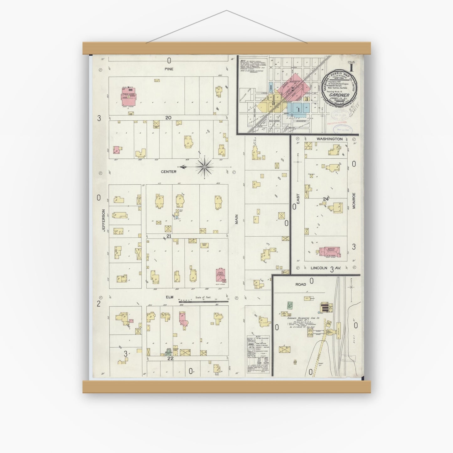 Old map wall art mockup — magnetic wood frame on white wall — Sanborn Fire Insurance Map from Gardner, Grundy County, Illinois (1898) - Complete Map Set