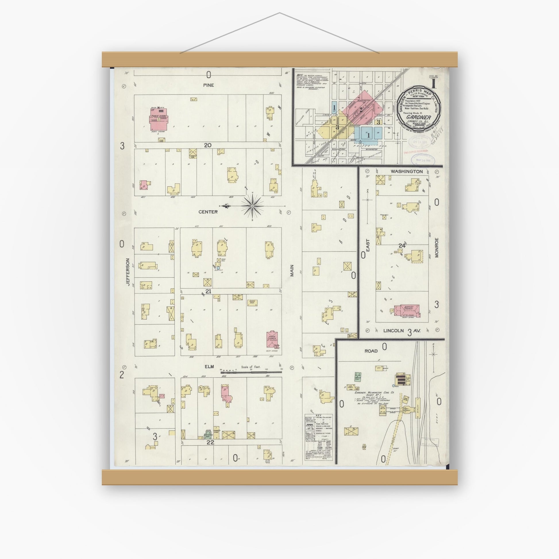 Old map wall art mockup — magnetic wood frame on white wall — Sanborn Fire Insurance Map from Gardner, Grundy County, Illinois (1898) - Complete Map Set