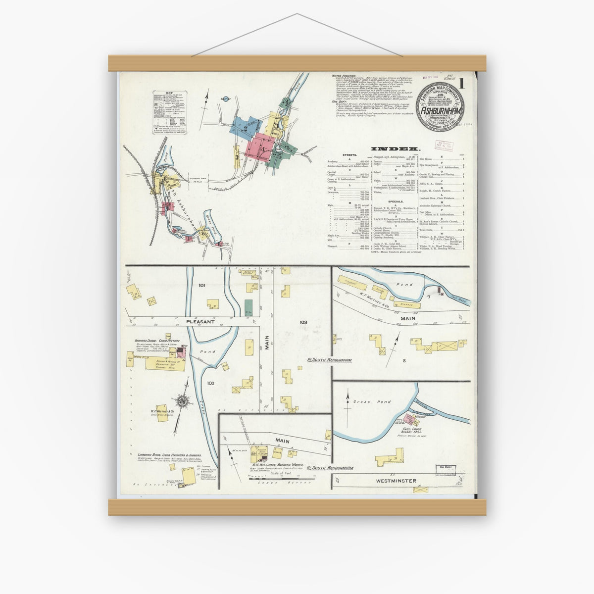 Old map wall art mockup — magnetic wood frame on white wall — Sanborn Fire Insurance Map from Ashburnham, Worcester County, Massachusetts (1909), Sheet #0001