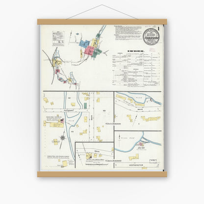 Old map wall art mockup — magnetic wood frame on white wall — Sanborn Fire Insurance Map from Ashburnham, Worcester County, Massachusetts (1909), Sheet #0001