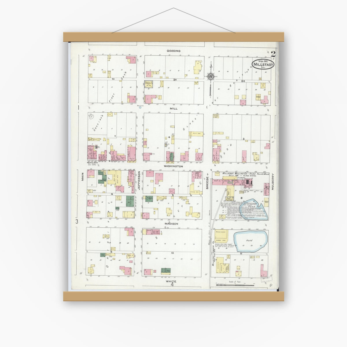Old map wall art mockup — magnetic wood frame on white wall — Sanborn Fire Insurance Map from Millstadt, Saint Clair County, Illinois (1910), Sheet #0002