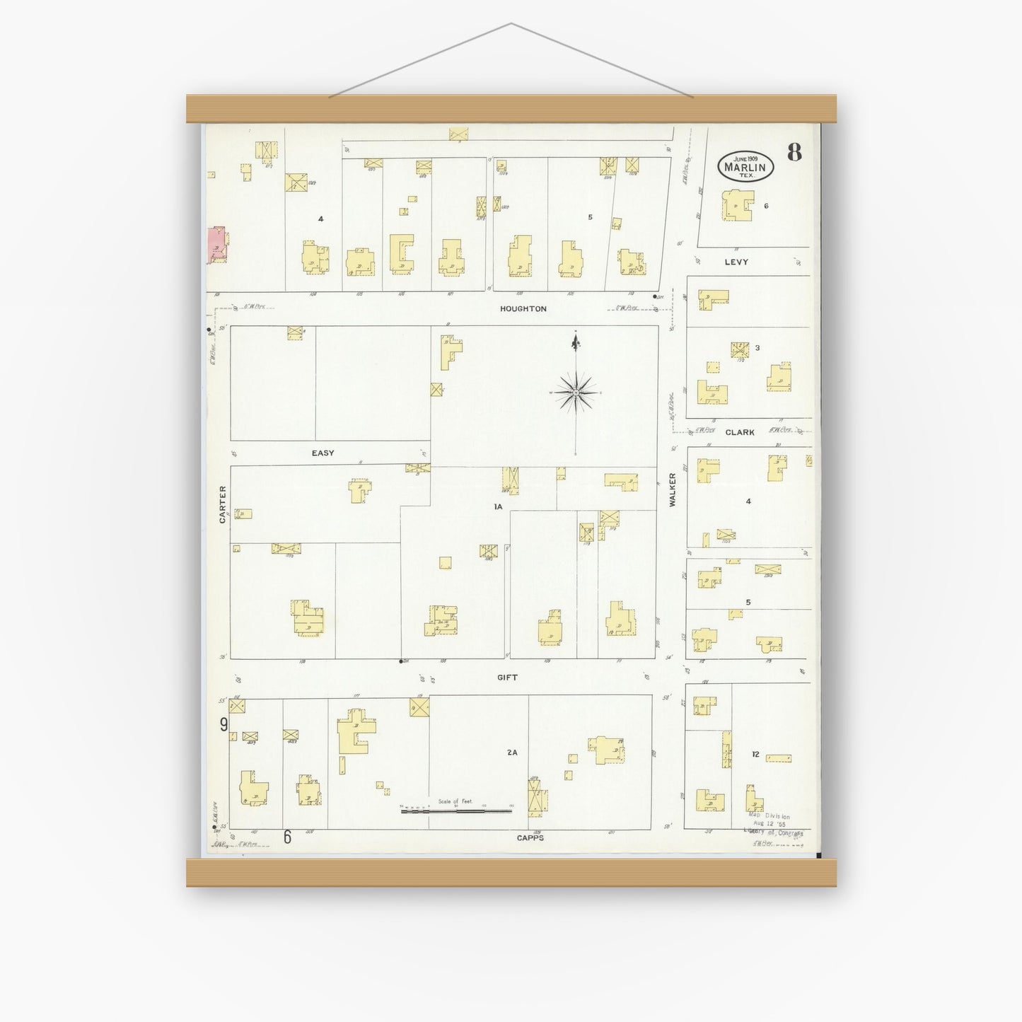 Old map wall art mockup — magnetic wood frame on white wall — Sanborn Fire Insurance Map from Marlin, Falls County, Texas (1909), Sheet #0008