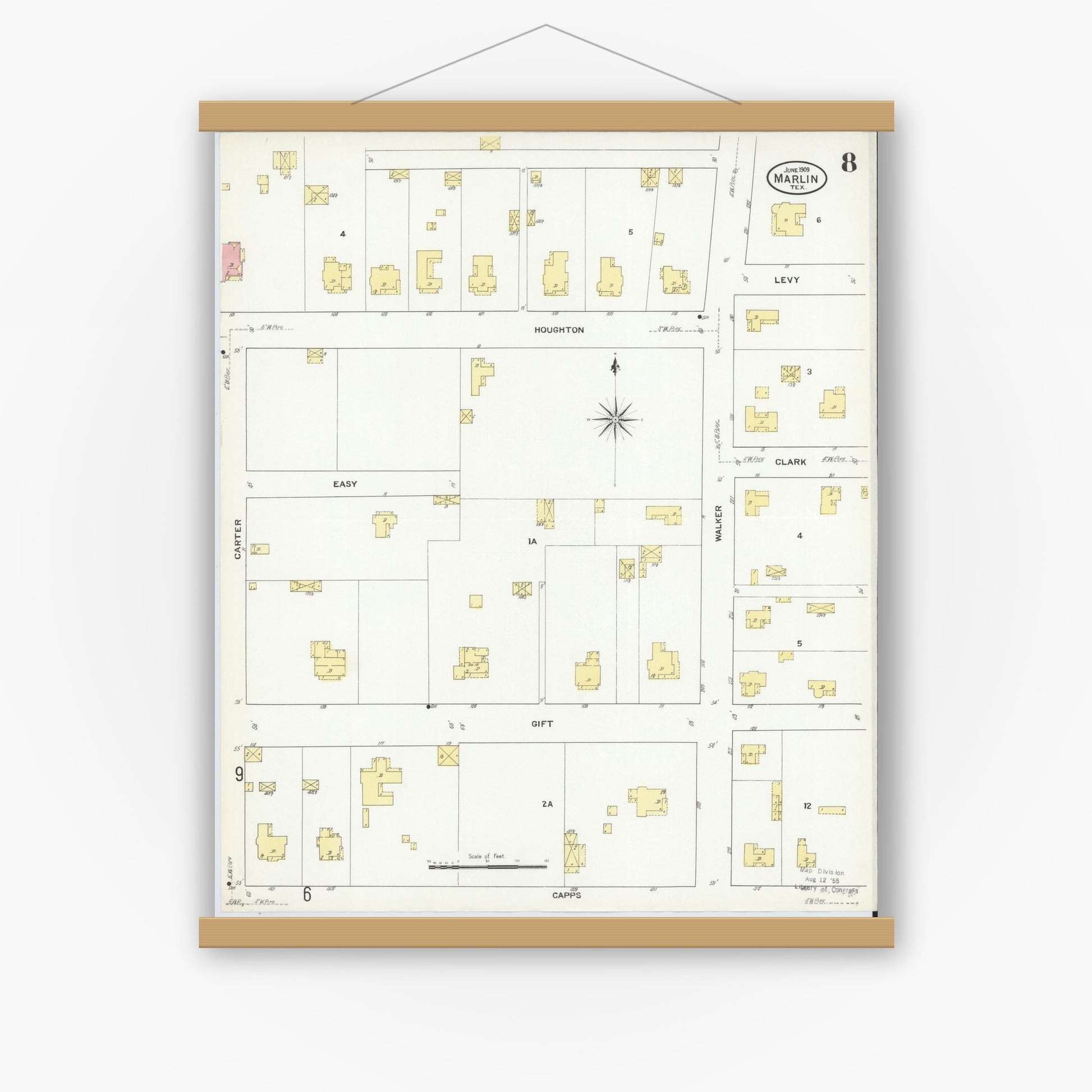 Old map wall art mockup — magnetic wood frame on white wall — Sanborn Fire Insurance Map from Marlin, Falls County, Texas (1909), Sheet #0008