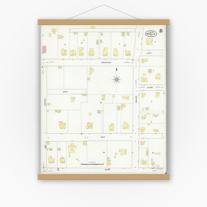 Old map wall art mockup — magnetic wood frame on white wall — Sanborn Fire Insurance Map from Marlin, Falls County, Texas (1909), Sheet #0008