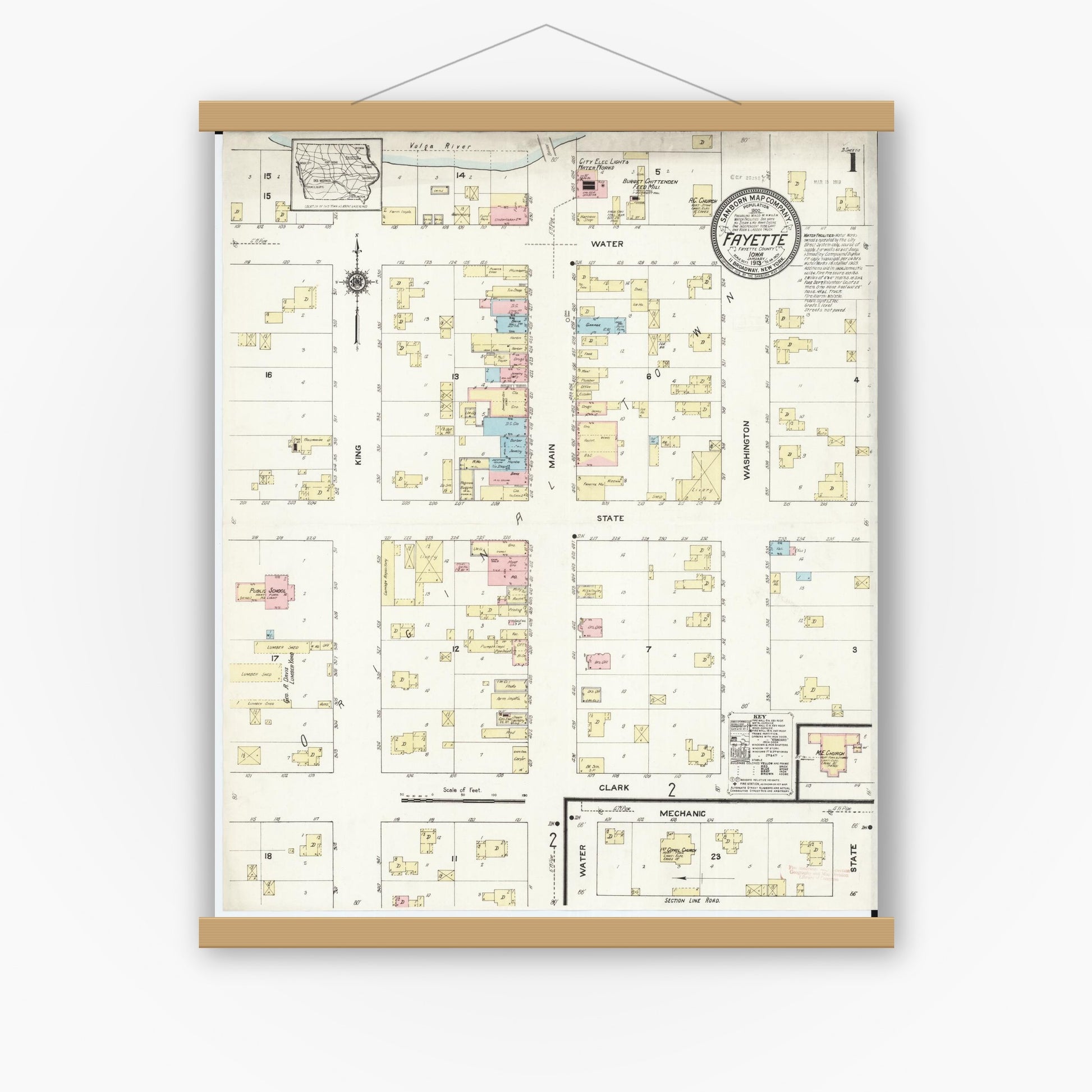 Old map wall art mockup — magnetic wood frame on white wall — Sanborn Fire Insurance Map from Fayette, Fayette County, Iowa (1913) â€” Complete Set
