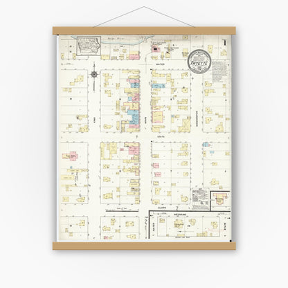 Old map wall art mockup — magnetic wood frame on white wall — Sanborn Fire Insurance Map from Fayette, Fayette County, Iowa (1913) â€” Complete Set