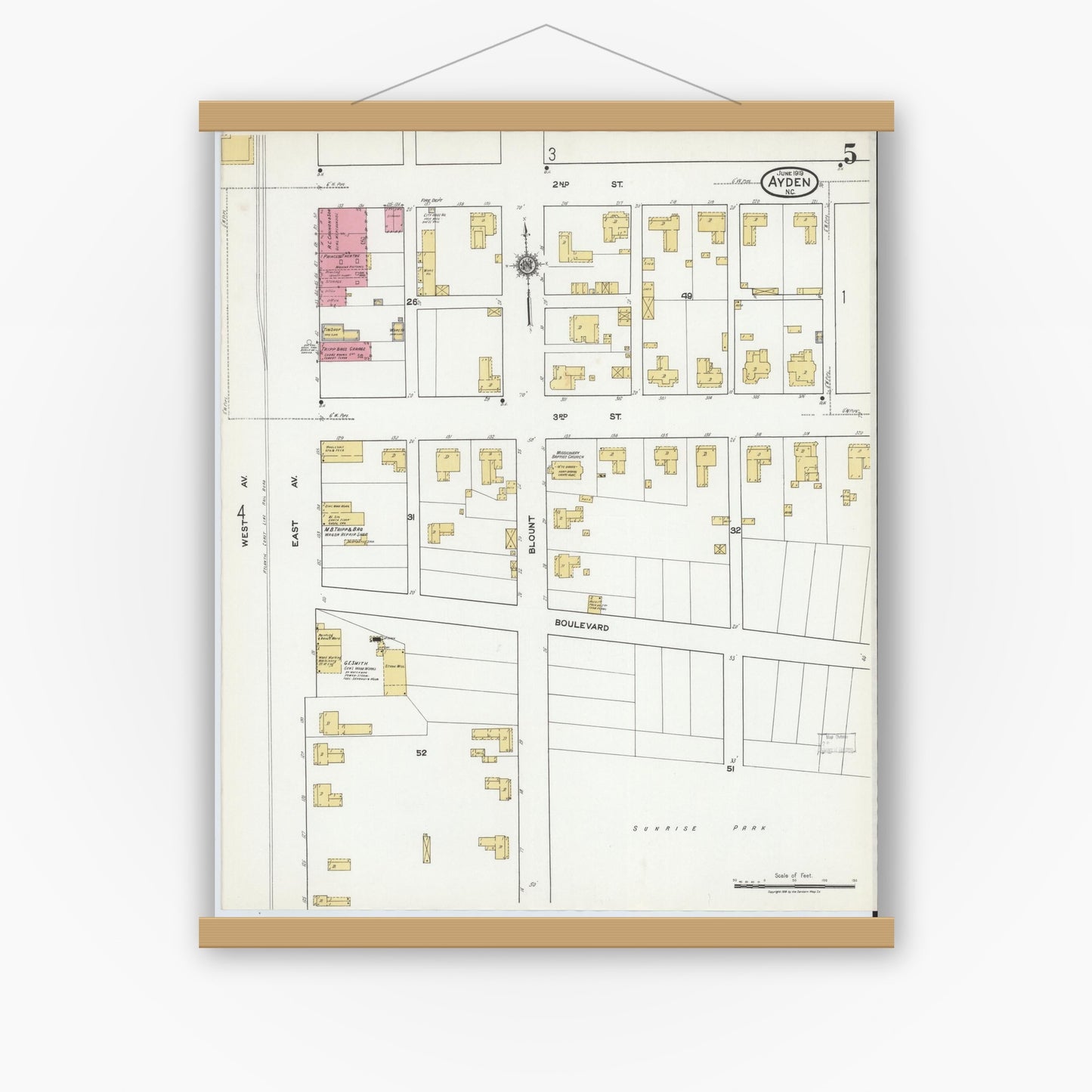 Old map wall art mockup — magnetic wood frame on white wall — Sanborn Fire Insurance Map from Ayden, Pitt County, North Carolina (1919), Sheet #0005
