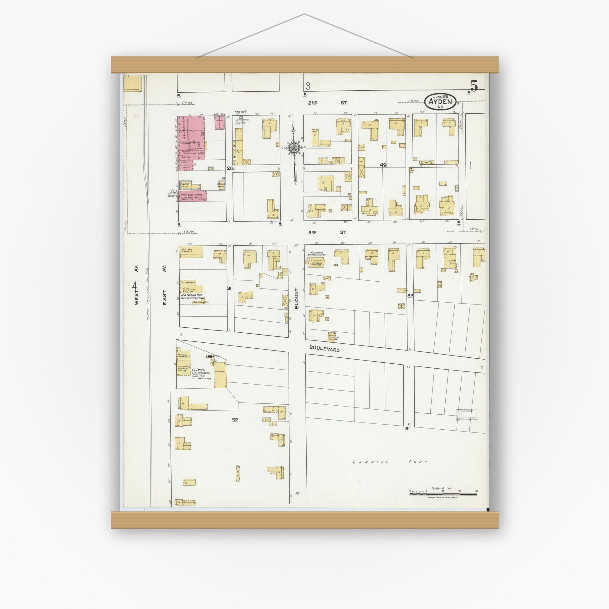 Old map wall art mockup — magnetic wood frame on white wall — Sanborn Fire Insurance Map from Ayden, Pitt County, North Carolina (1919), Sheet #0005