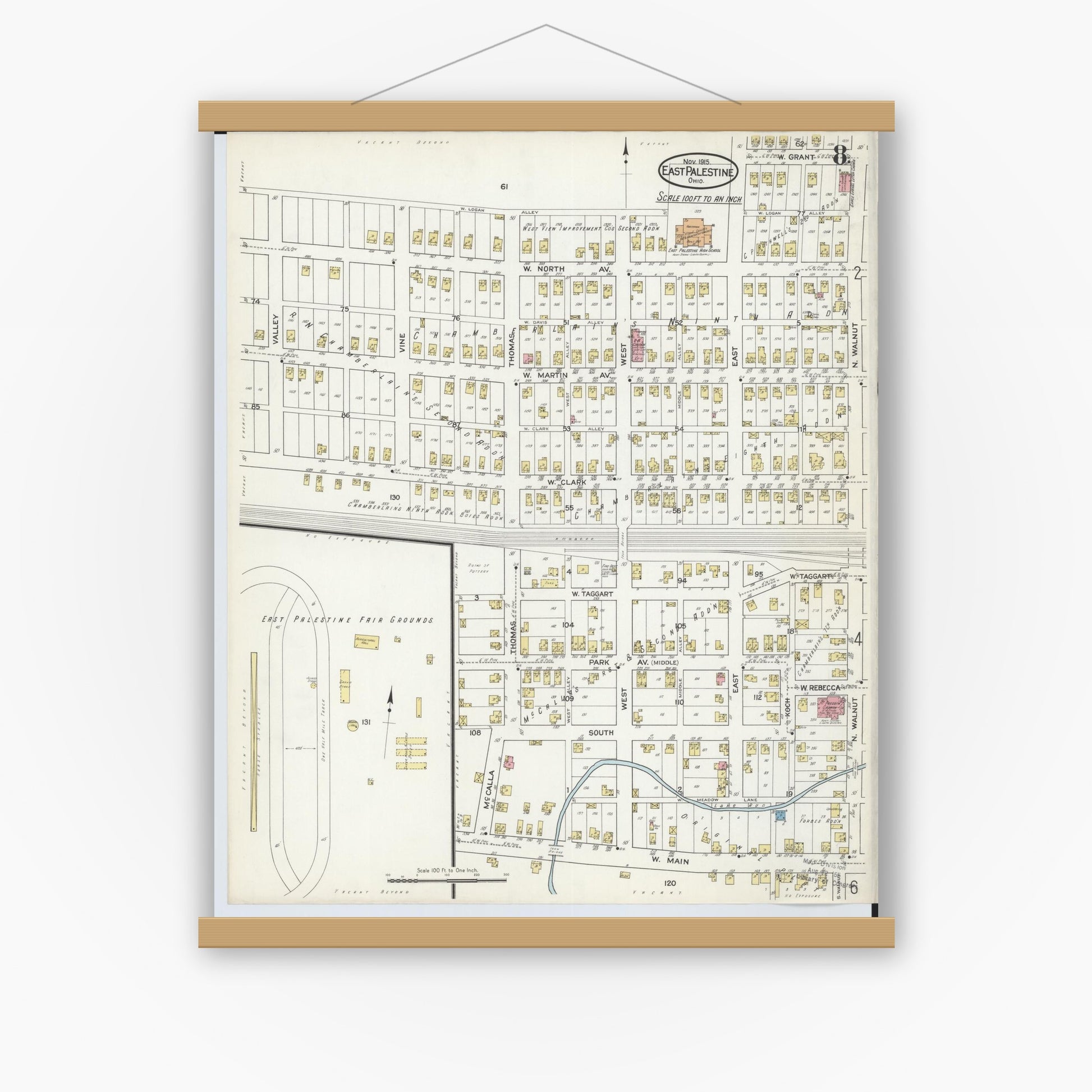 Old map wall art mockup — magnetic wood frame on white wall — Sanborn Fire Insurance Map from East Palestine, Columbiana County, Ohio (1915), Sheet #0008