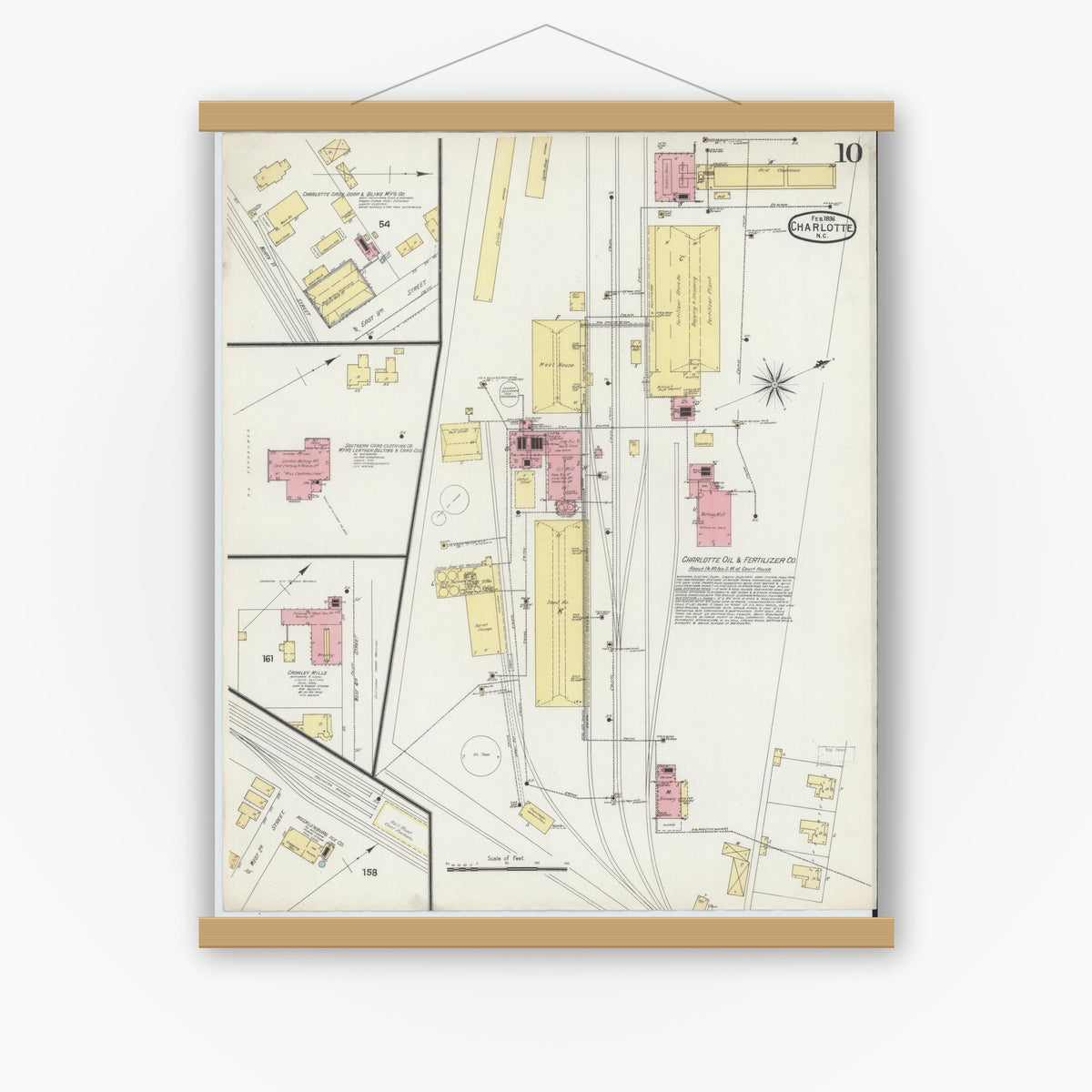 Old map wall art mockup — magnetic wood frame on white wall — Sanborn Fire Insurance Map from Charlotte, Mecklenburg County, North Carolina (1896), Sheet #0010