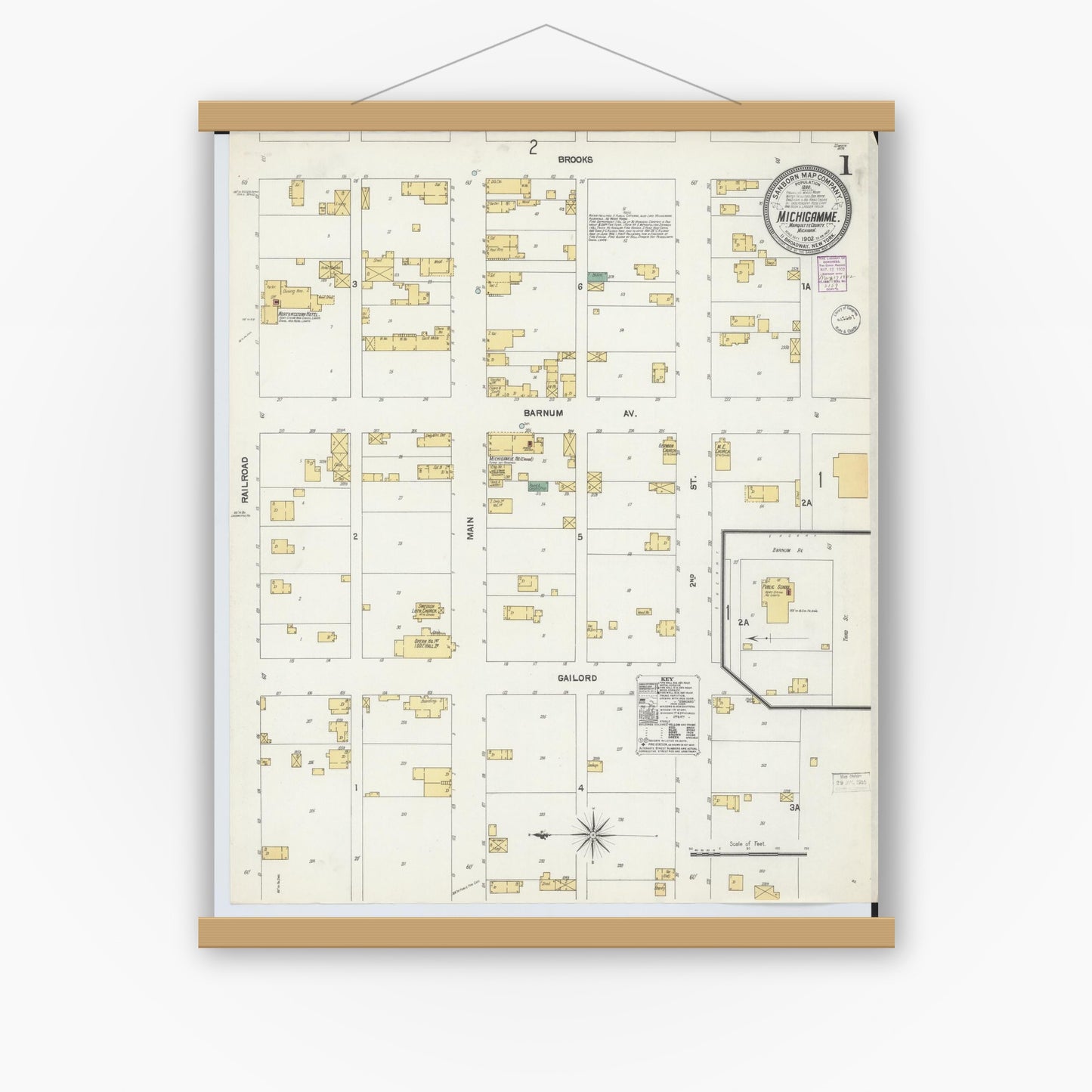Old map wall art mockup — magnetic wood frame on white wall — Sanborn Fire Insurance Map from Michigamme, Marquette County, Michigan (1902) - Complete Map Set