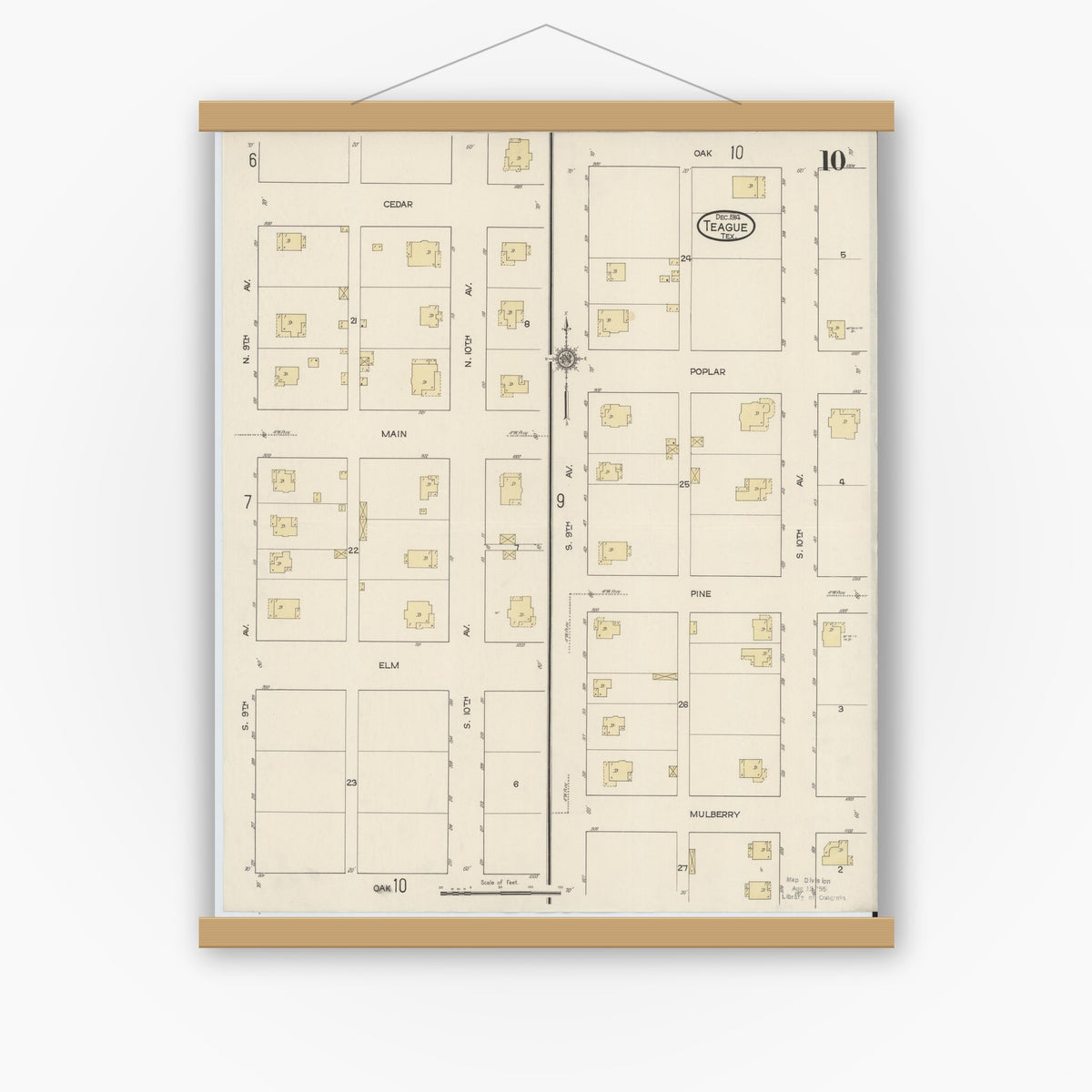 Old map wall art mockup — magnetic wood frame on white wall — Sanborn Fire Insurance Map from Teague, Freestone County, Texas (1914), Sheet #0010