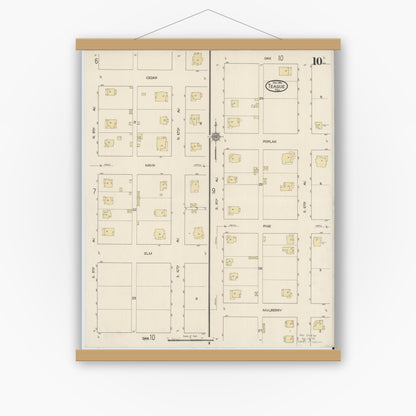 Old map wall art mockup — magnetic wood frame on white wall — Sanborn Fire Insurance Map from Teague, Freestone County, Texas (1914), Sheet #0010