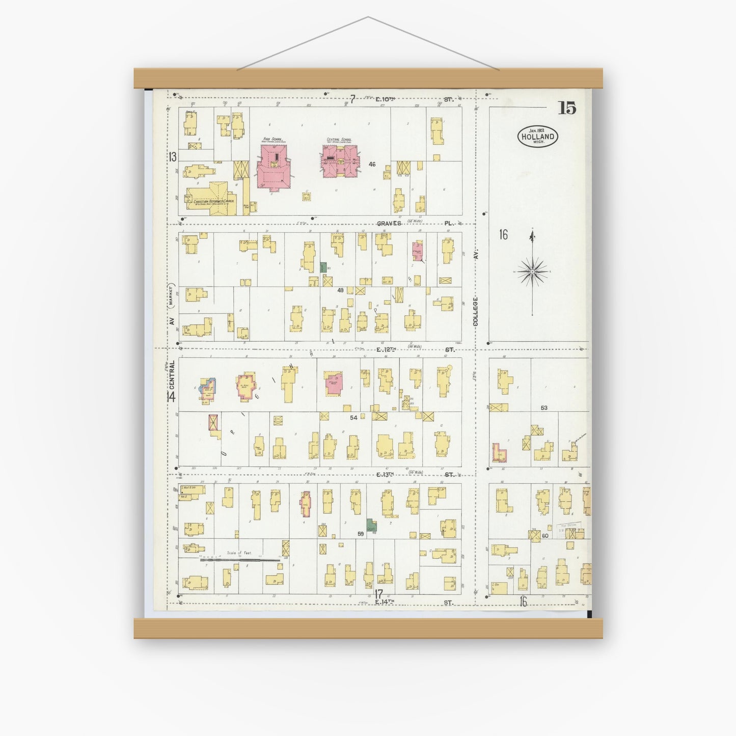Old map wall art mockup — magnetic wood frame on white wall — Sanborn Fire Insurance Map from Holland, Ottawa County, Michigan (1902), Sheet #0015