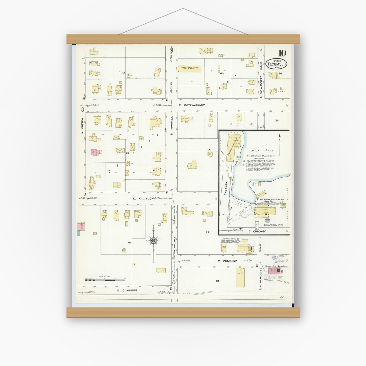 Old map wall art mockup — magnetic wood frame on white wall — Sanborn Fire Insurance Map from Tecumseh, Lenawee County, Michigan (1912), Sheet #0010