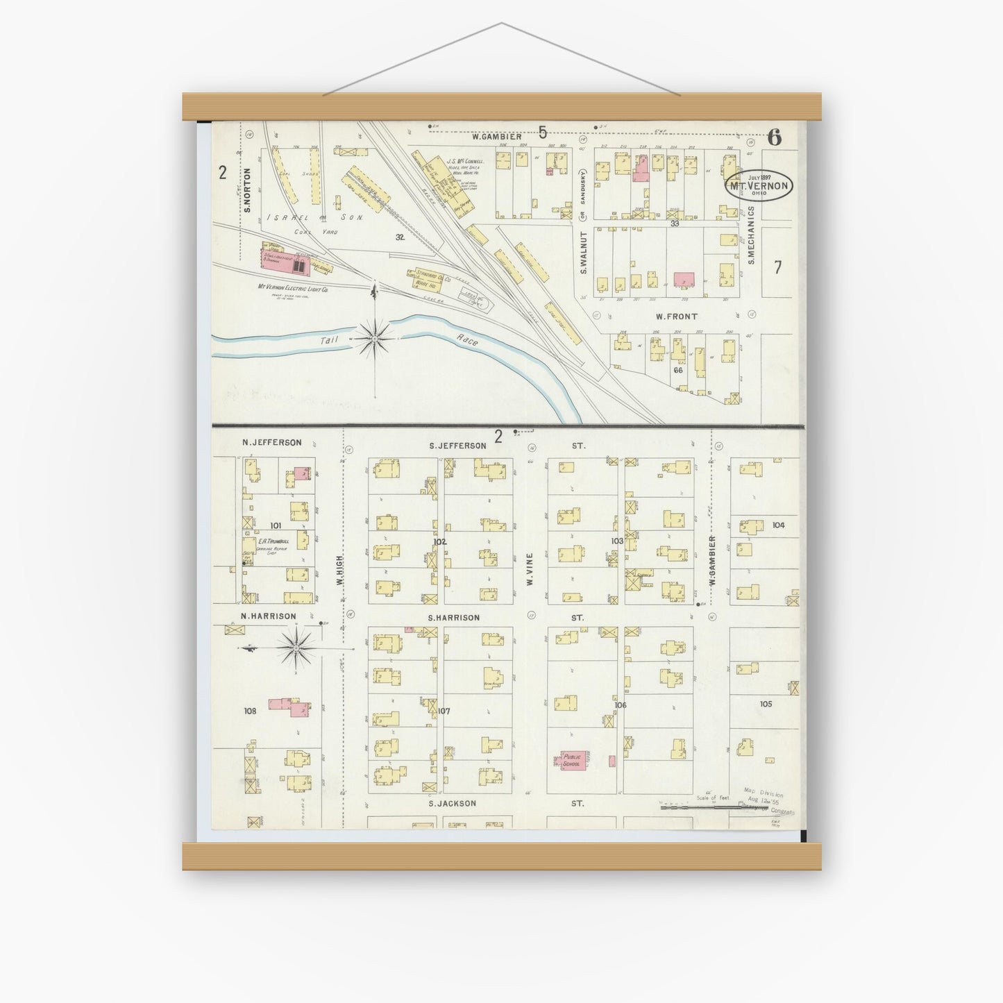 Old map wall art mockup — magnetic wood frame on white wall — Sanborn Fire Insurance Map from Mount Vernon, Knox County, Ohio (1897), Sheet #0006
