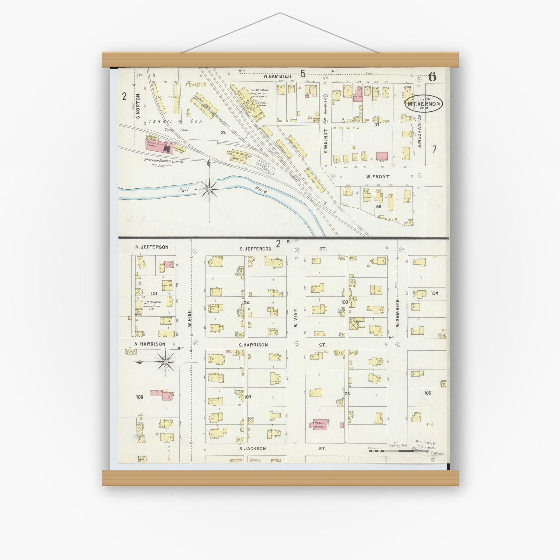 Old map wall art mockup — magnetic wood frame on white wall — Sanborn Fire Insurance Map from Mount Vernon, Knox County, Ohio (1897), Sheet #0006