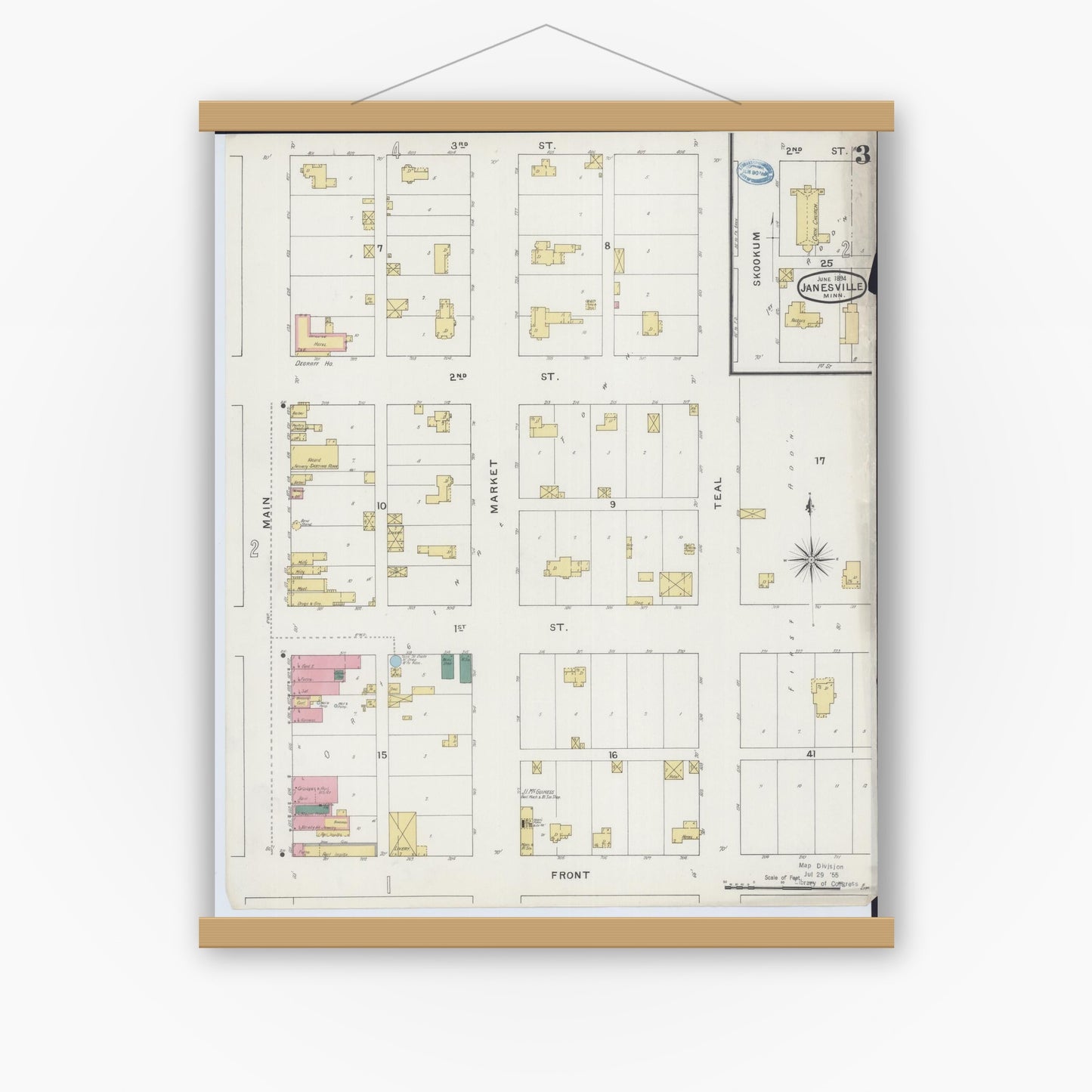 Old map wall art mockup — magnetic wood frame on white wall — Sanborn Fire Insurance Map from Janesville, Waseca County, Minnesota (1894), Sheet #0003