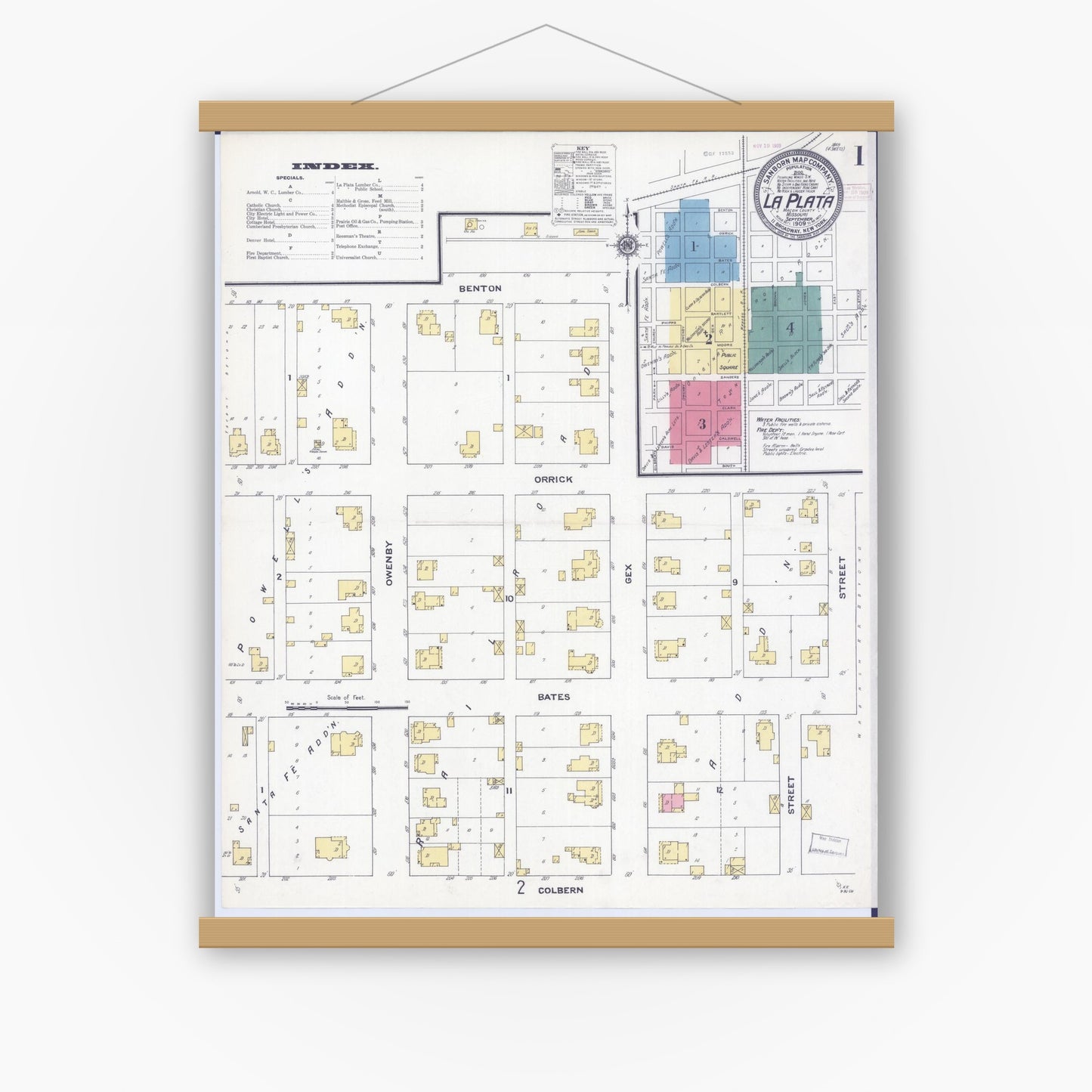 Old map wall art mockup — magnetic wood frame on white wall — Sanborn Fire Insurance Map from La Plata, Macon County, Missouri (1909) - Complete Map Set