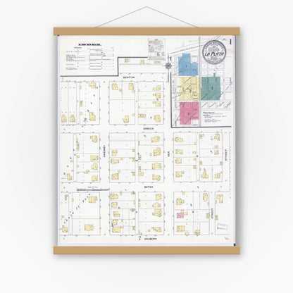 Old map wall art mockup — magnetic wood frame on white wall — Sanborn Fire Insurance Map from La Plata, Macon County, Missouri (1909) - Complete Map Set