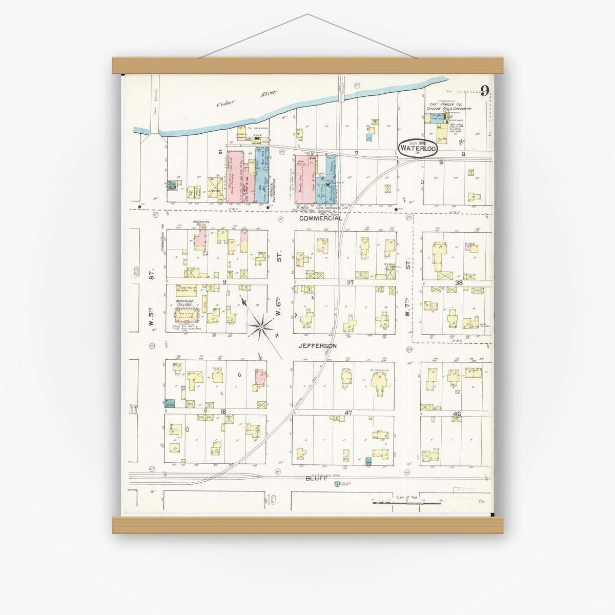 Old map wall art mockup — magnetic wood frame on white wall — Sanborn Fire Insurance Map from Waterloo, Black Hawk County, Iowa (1892), Sheet #0009