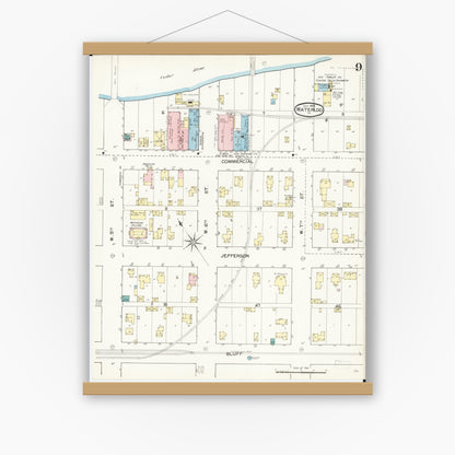 Old map wall art mockup — magnetic wood frame on white wall — Sanborn Fire Insurance Map from Waterloo, Black Hawk County, Iowa (1892), Sheet #0009
