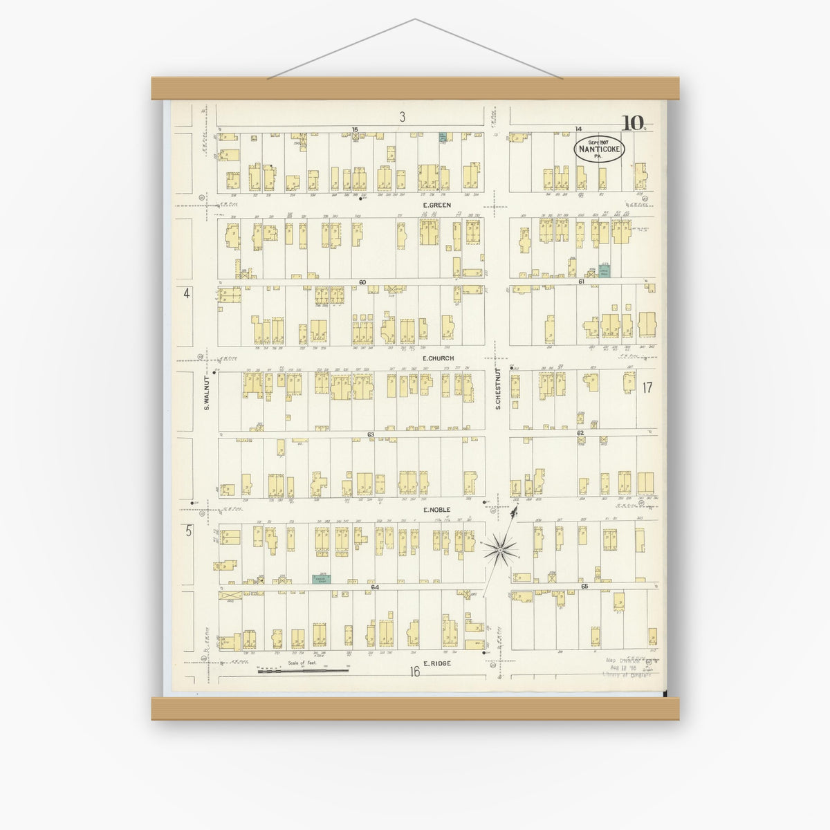 Old map wall art mockup — magnetic wood frame on white wall — Sanborn Fire Insurance Map from Nanticoke, Luzerne County, Pennsylvania (1907), Sheet #0010