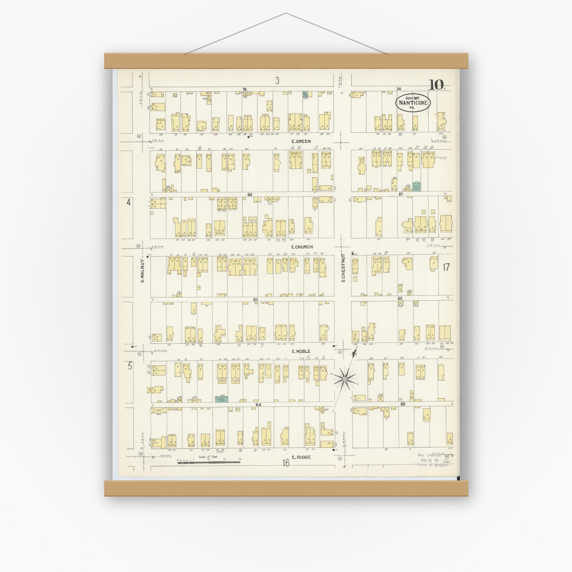 Old map wall art mockup — magnetic wood frame on white wall — Sanborn Fire Insurance Map from Nanticoke, Luzerne County, Pennsylvania (1907), Sheet #0010