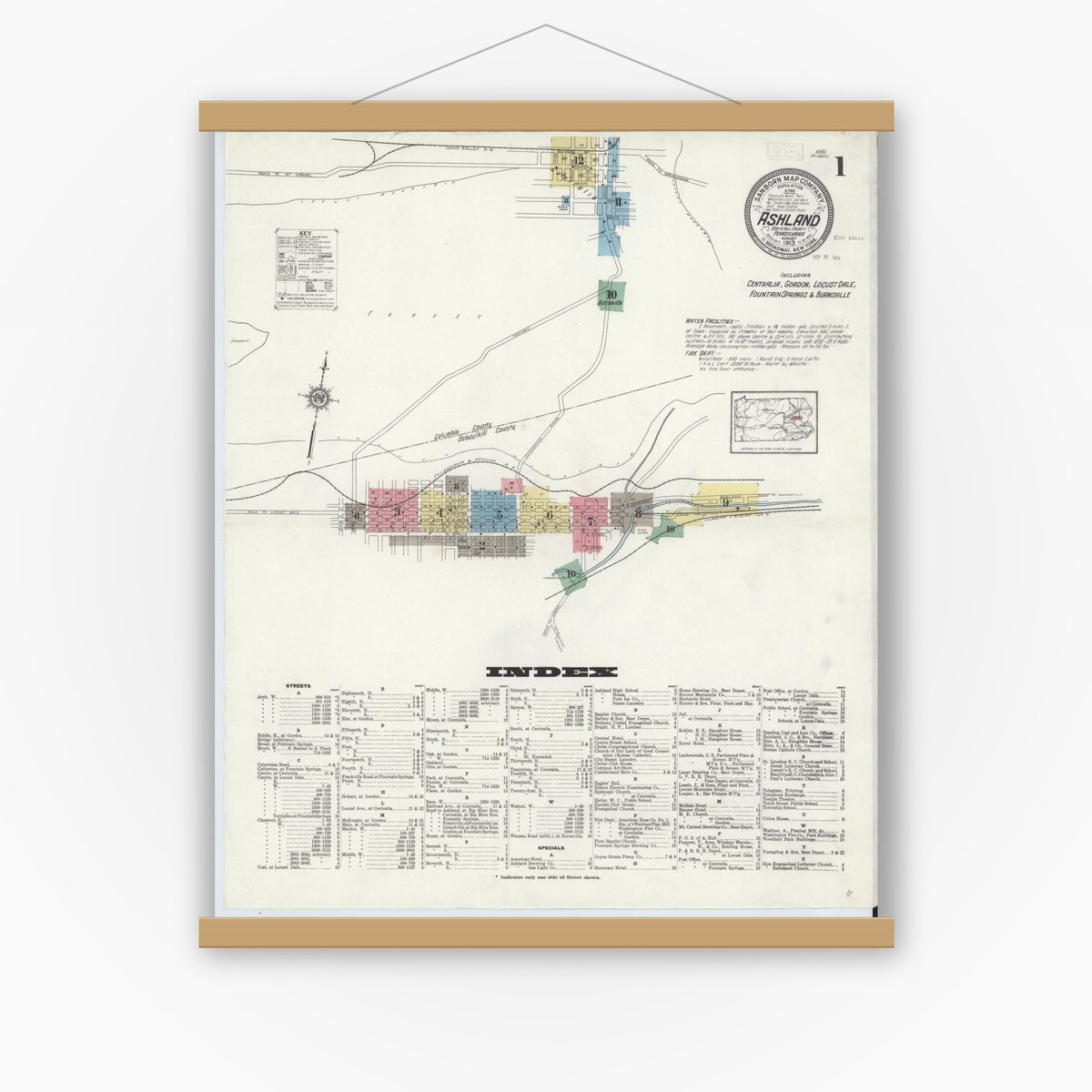Old map wall art mockup — magnetic wood frame on white wall — Sanborn Fire Insurance Map from Ashland, Schuylkill County, Pennsylvania (1913), Sheet #0001