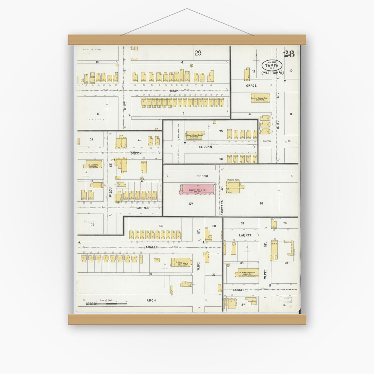 Old map wall art mockup — magnetic wood frame on white wall — Sanborn Fire Insurance Map from Tampa, Hillsborough County, Florida (1899), Sheet #0028