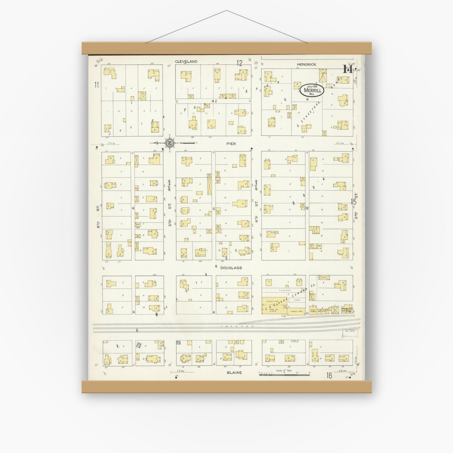 Old map wall art mockup — magnetic wood frame on white wall — Sanborn Fire Insurance Map from Merrill, Lincoln County, Wisconsin (1913), Sheet #0014
